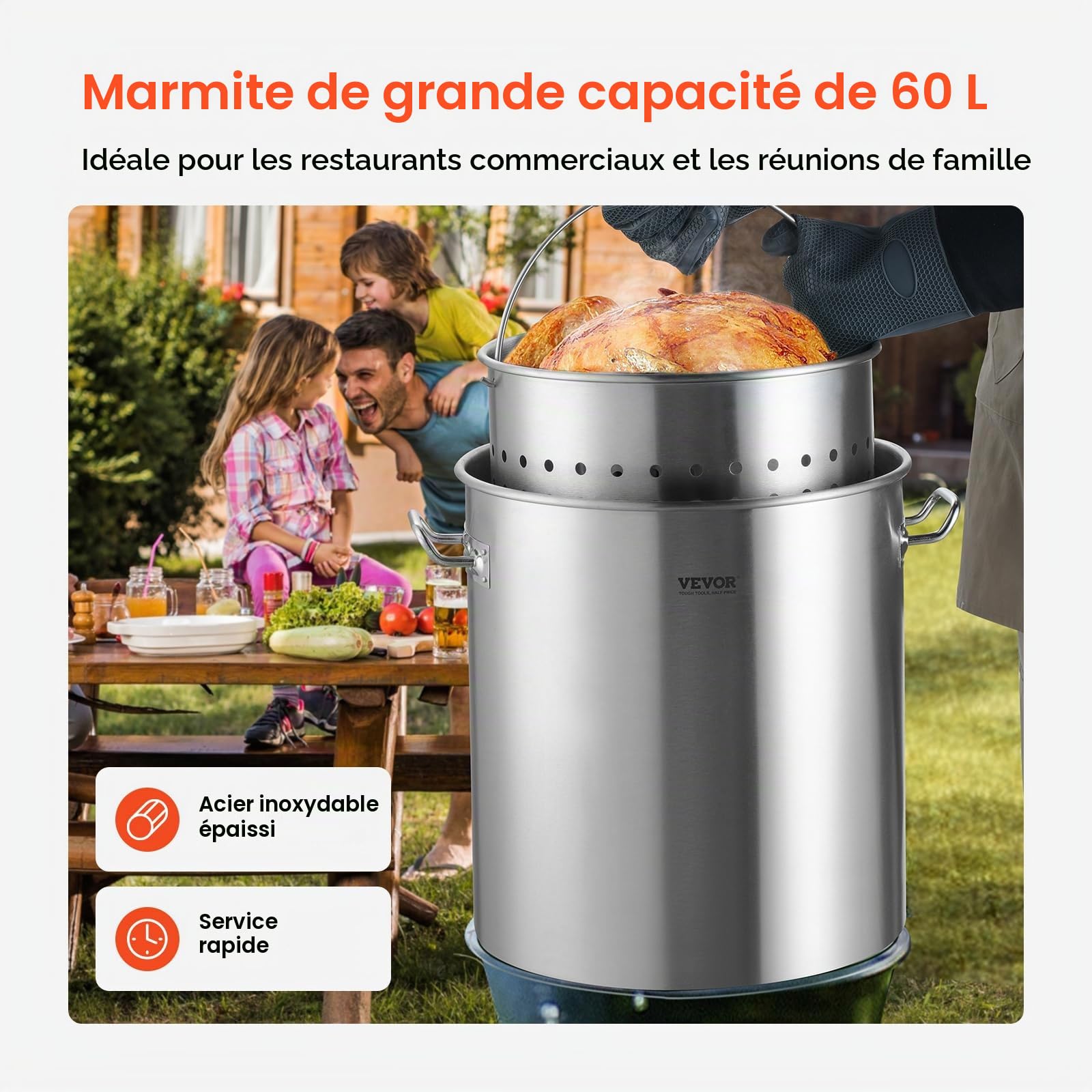 VEVOR Marmite en Acier Inoxydable 60,5 L avec Panier, Couvercle et Poignée, Faitout de Qualité Commerciale, Pot de Cuisson avec Traitement de Ponçage, Marmite Traiteur pour Grands Événements, Argent