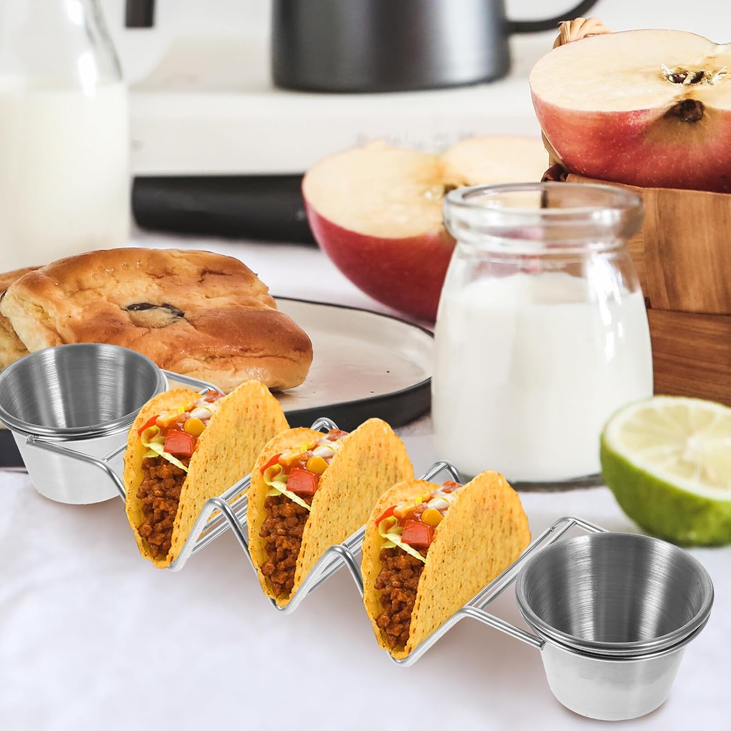 TEHAUX Stainless Steel Mexican Taco Rack with Two Sauce Cups Upright Taco Holder for Easy Filling and Serving Compact for Home and Party Use Premium Quality Pancake Holder