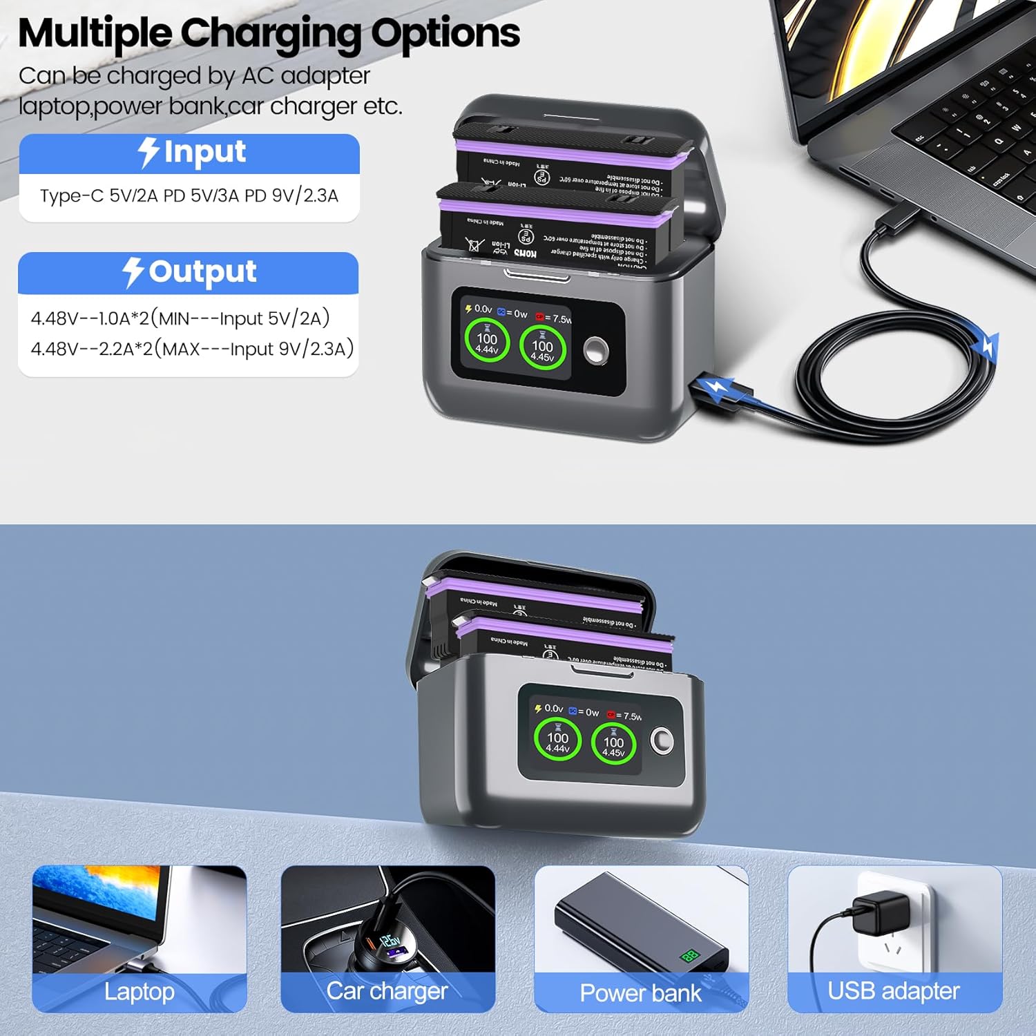 360 X5 Battery 2 Packs 2800mAh Waterproof X5 Battery and 2 Slots 360 X5 Battery Charger with LCD Battery Level Display Can Store Micro SD Fully Compatible with Insta360 X5 Action Camera