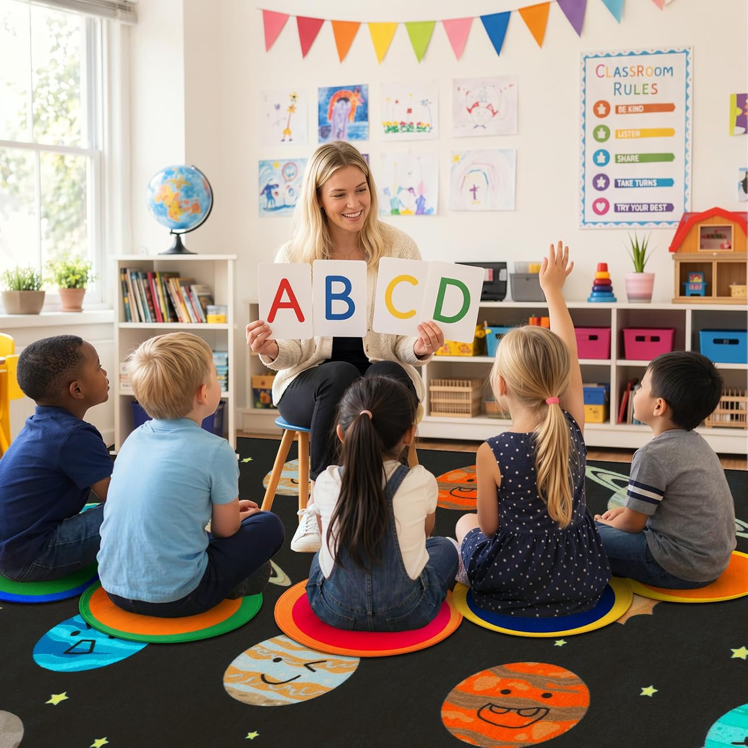 STARUIA 6 Pcs 16 Inch Circle Time Rug Kids Carpet Seats Classroom Playroom Rugs, Floor Cushions for Round Rug, Soft Colorful Non Slip Home School Story Time Group Activity Learning Playing Areas