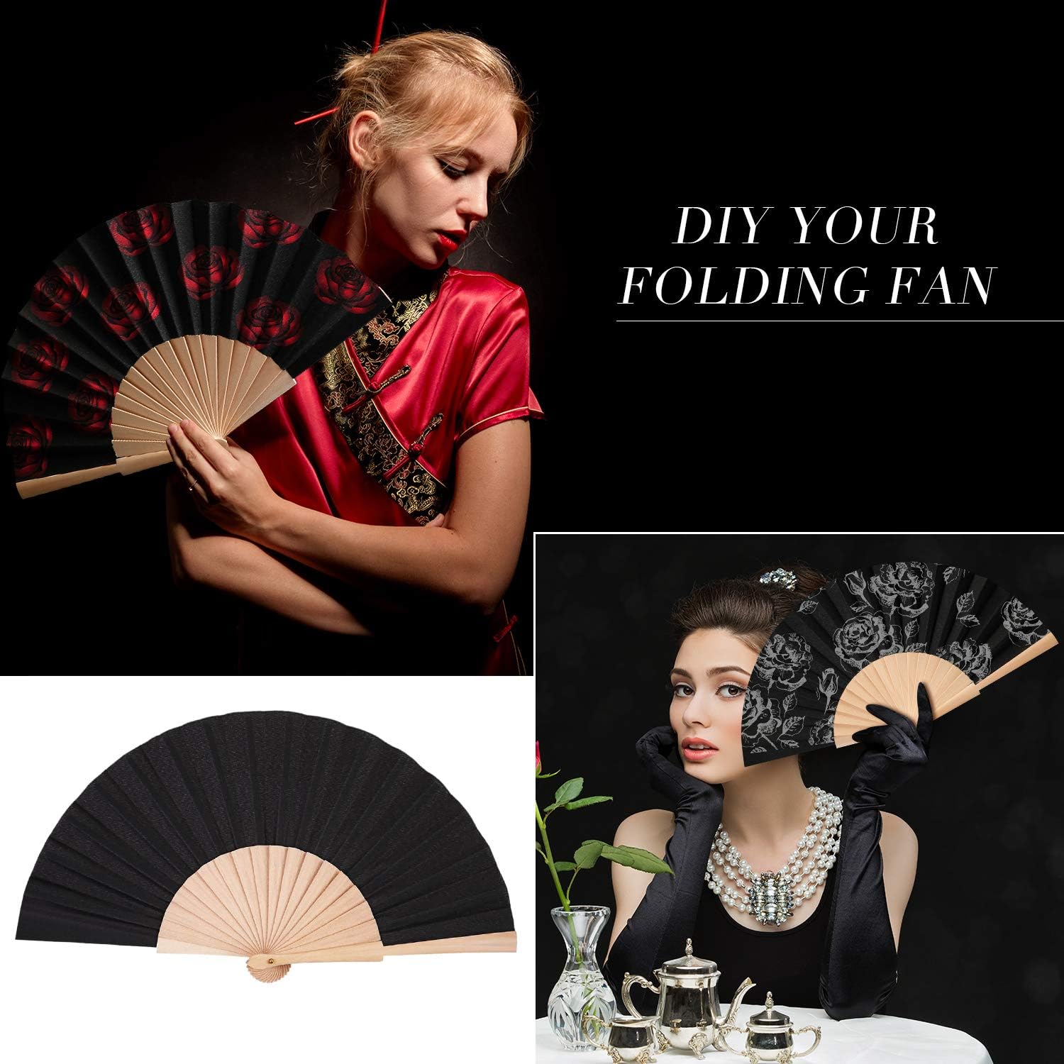 Chuangdi 4 Pcs Wooden Handheld Folding Fans with Cloth Fabric, DIY Manual Craft Fans with Drawstring Organza Bags for Line Dancing, Wedding, Graduation, Party Favors for Men Women(Black)