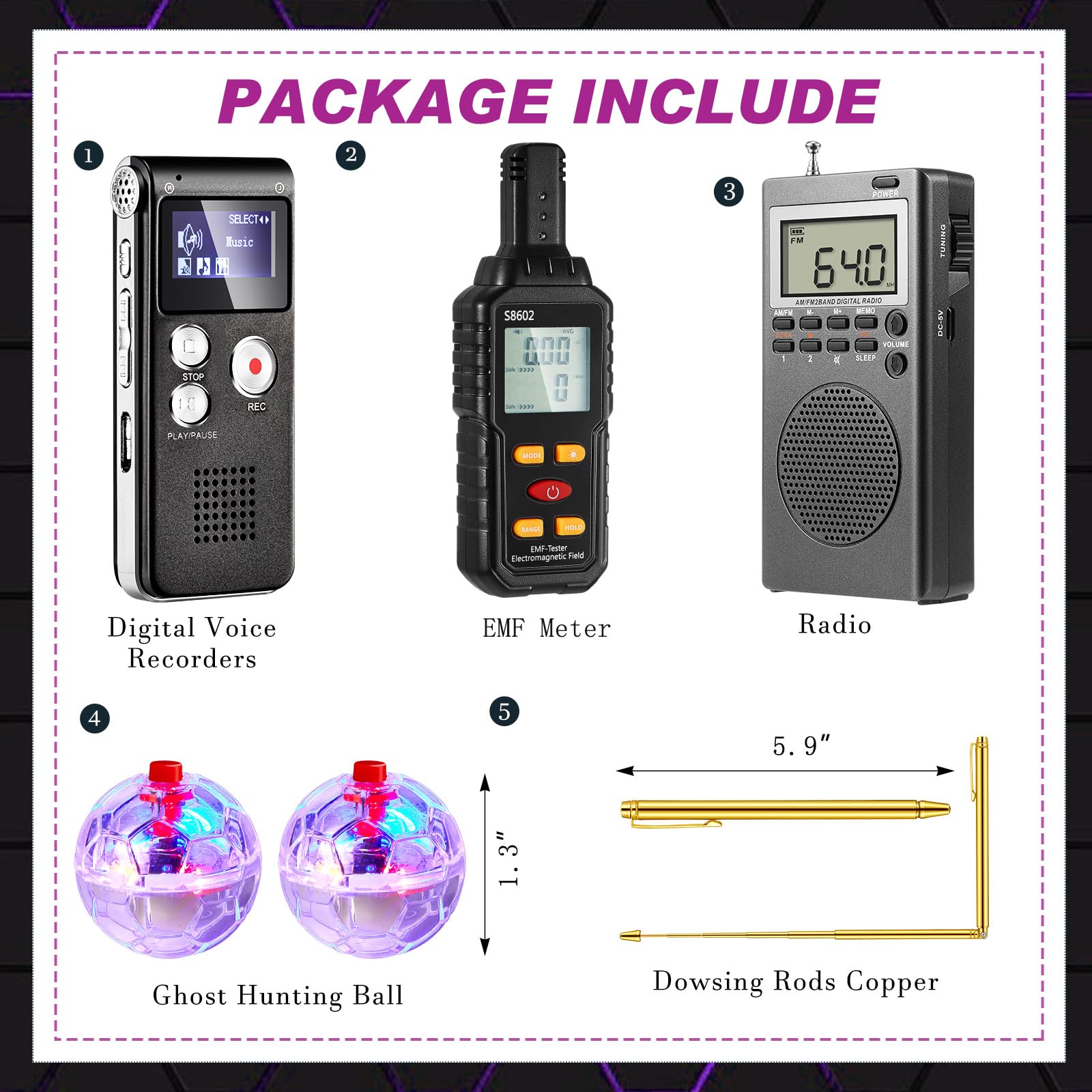 El kit de equipo de caza de fantasmas 7 en 1 incluye 1 medidor EMF, 1 radio de mano, 2 luces LED, 1 grabadora de voz digital EVP, 2 varillas de radiestesia, equipo paranormal de