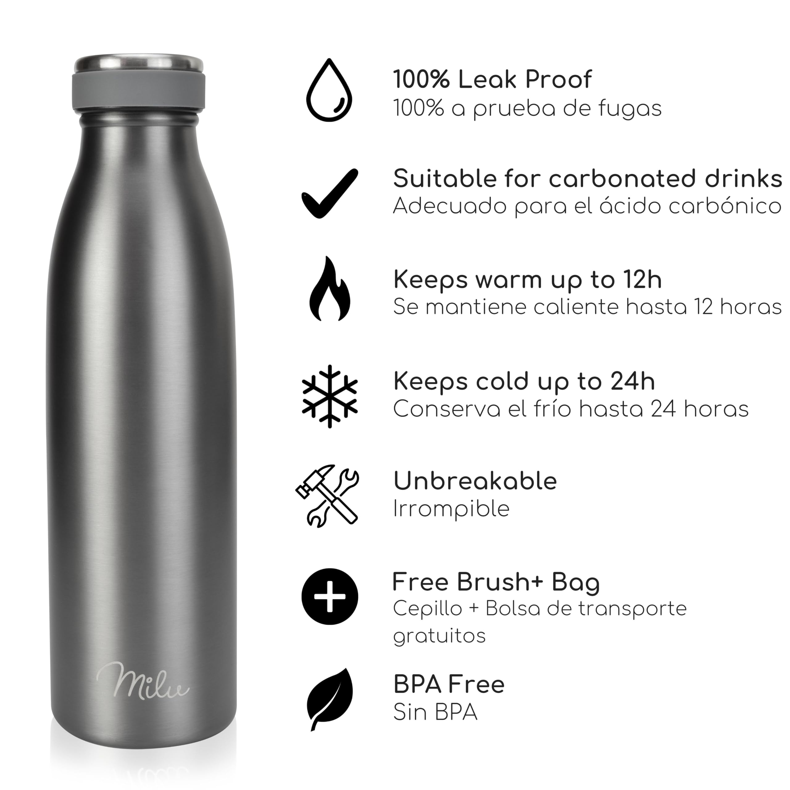 Milu Botella de acero inoxidable de 350ml 500ml 750 ml 1 L 1,5 L botella de agua aislada, termo a prueba de fugas, doble pared, apta para ácido carbónico + cepillo de limpieza (Azul Violeta, 350ml) — view 233