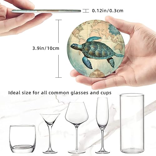 Miniatura 3 de Posavasos vintage de tortuga oceánica para bebidas, posavasos de cuero de animales marinos con soporte, 6 piezas, tapete redondo para mesa, juego de