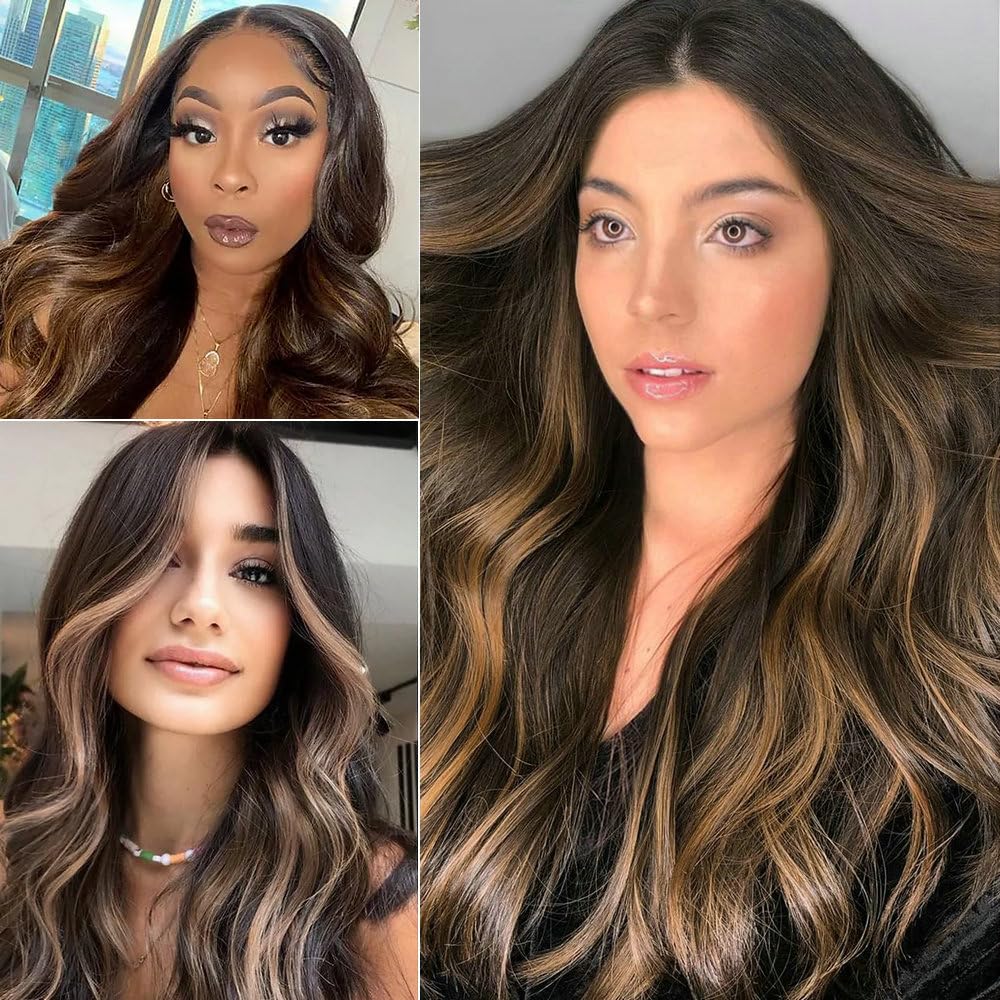 Natural Ombre Brown Blonde Synthetic Lace Front Wigs for Women Dark Roots Ombre Brown Blonde Loose Wave Women Replacement Long Curls Heat Resistant Fiber Synthetic Wig 24inches