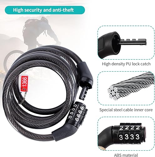 Miniatura 3 de Candado de bicicleta con combinación de candado de bicicleta con cerradura ligera de 4 dígitos, paseo Redbo, 4 pies de largo, negro, cerradura para
