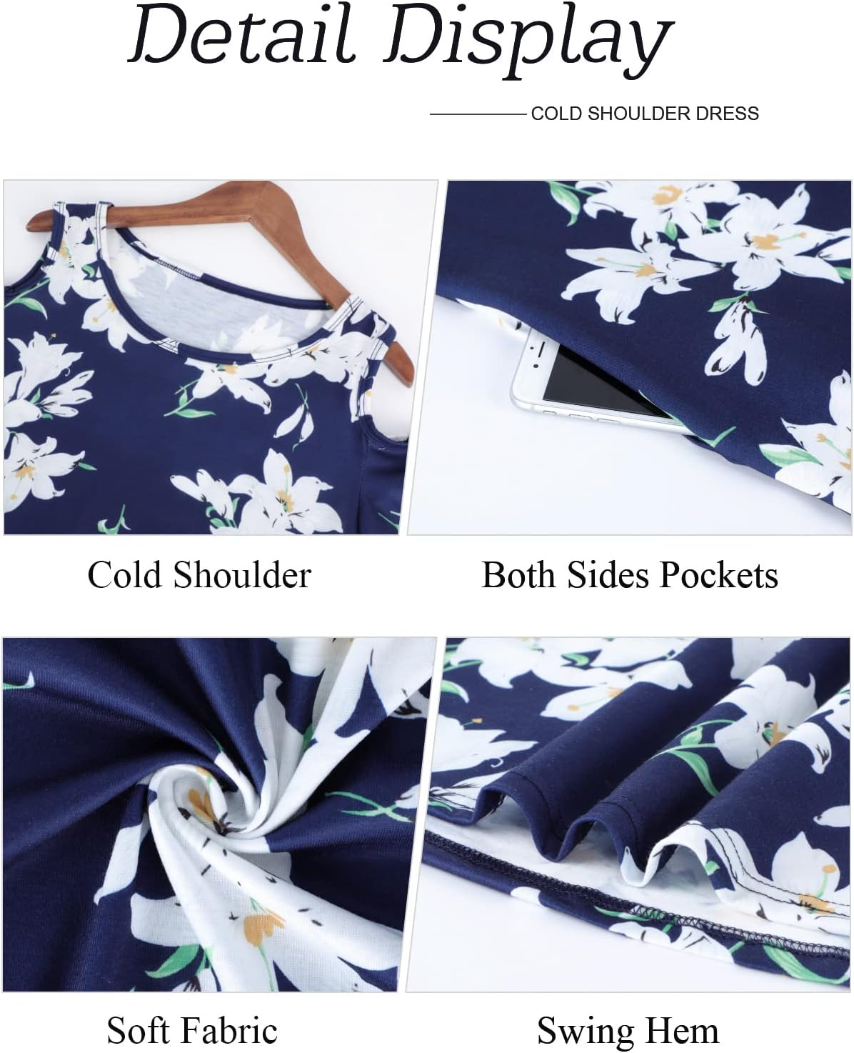 Misyula Style Womens Summer Cold Shoulder Floral Flowy T-Shirt Dress with Pockets - Image 4