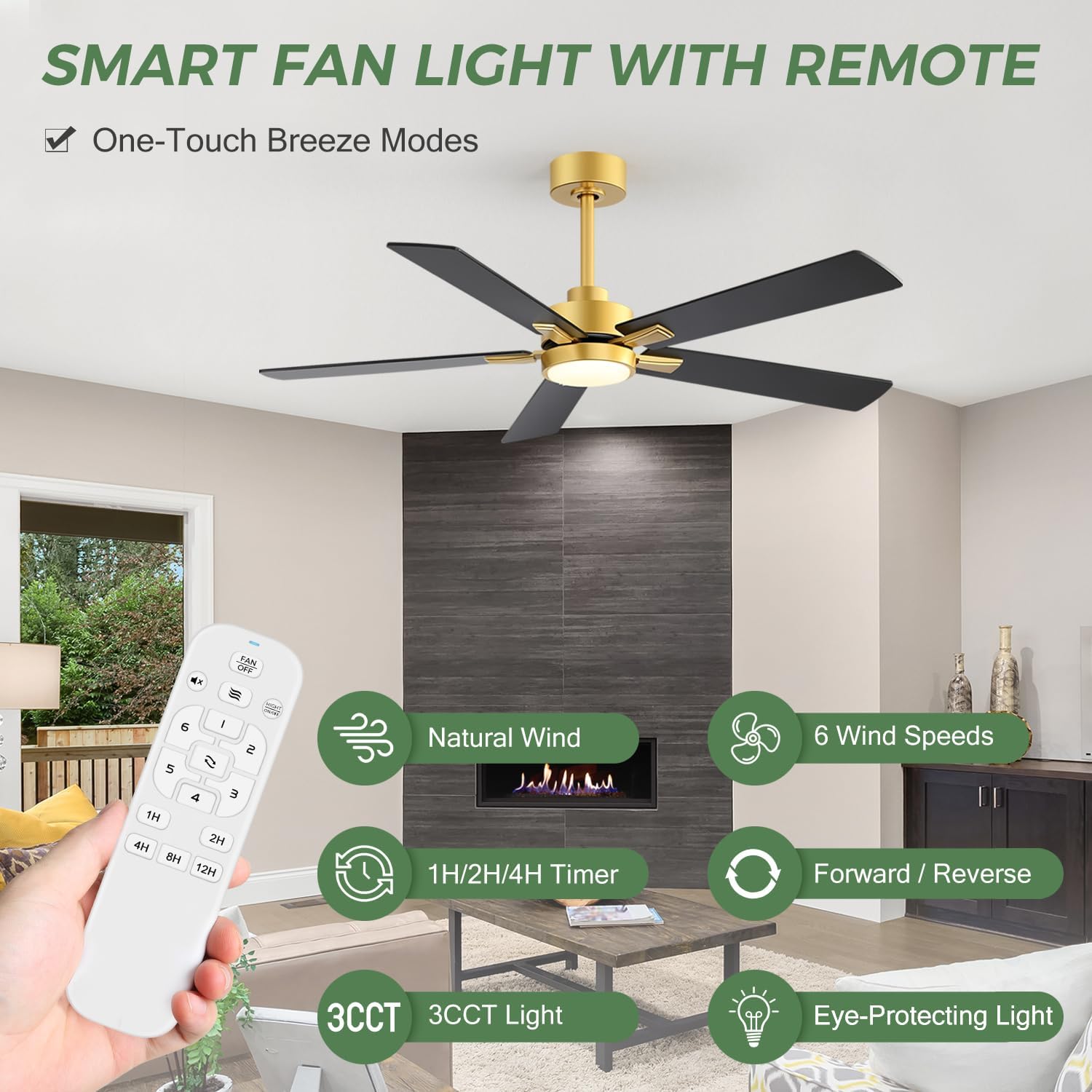Ceiling Fans with LED Lights, 52 Inch 5-Blade Ceiling Fan Remote Control, Industrial Ceiling Fan with Reversible DC Motor, Downrod Mount LED Ceiling Light Chandelier for Bedroom (Gold & Black)