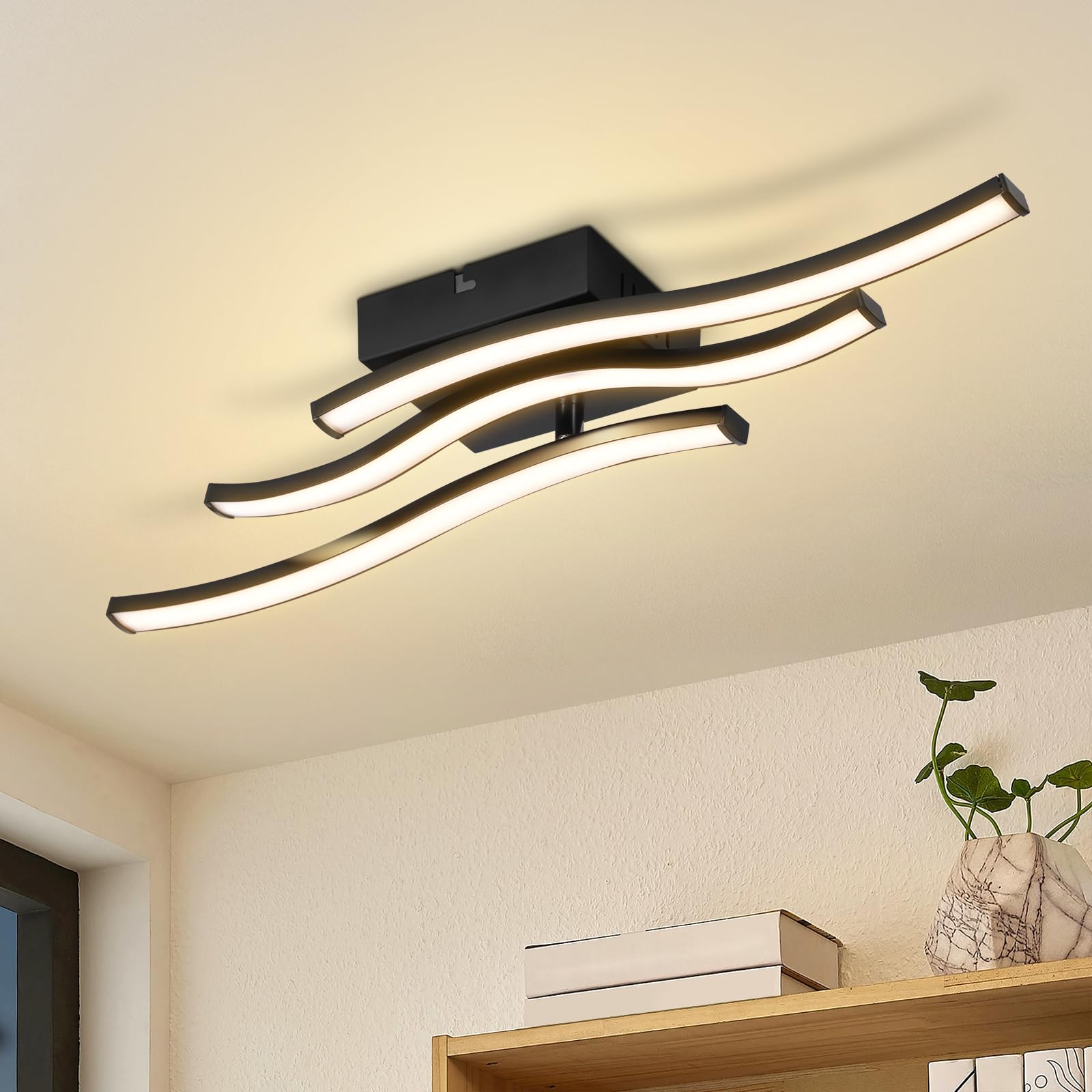 Homefire LED Deckenlampe Schlafzimmer Deckenleuchte: Modern Schlafzimmerlampe Schwarz 18W Wohnzimmerlampe 3000K Wellen Design Küchenlampe Innen Warmweiß Flurlampe für Wohnzimmer Küche Flur