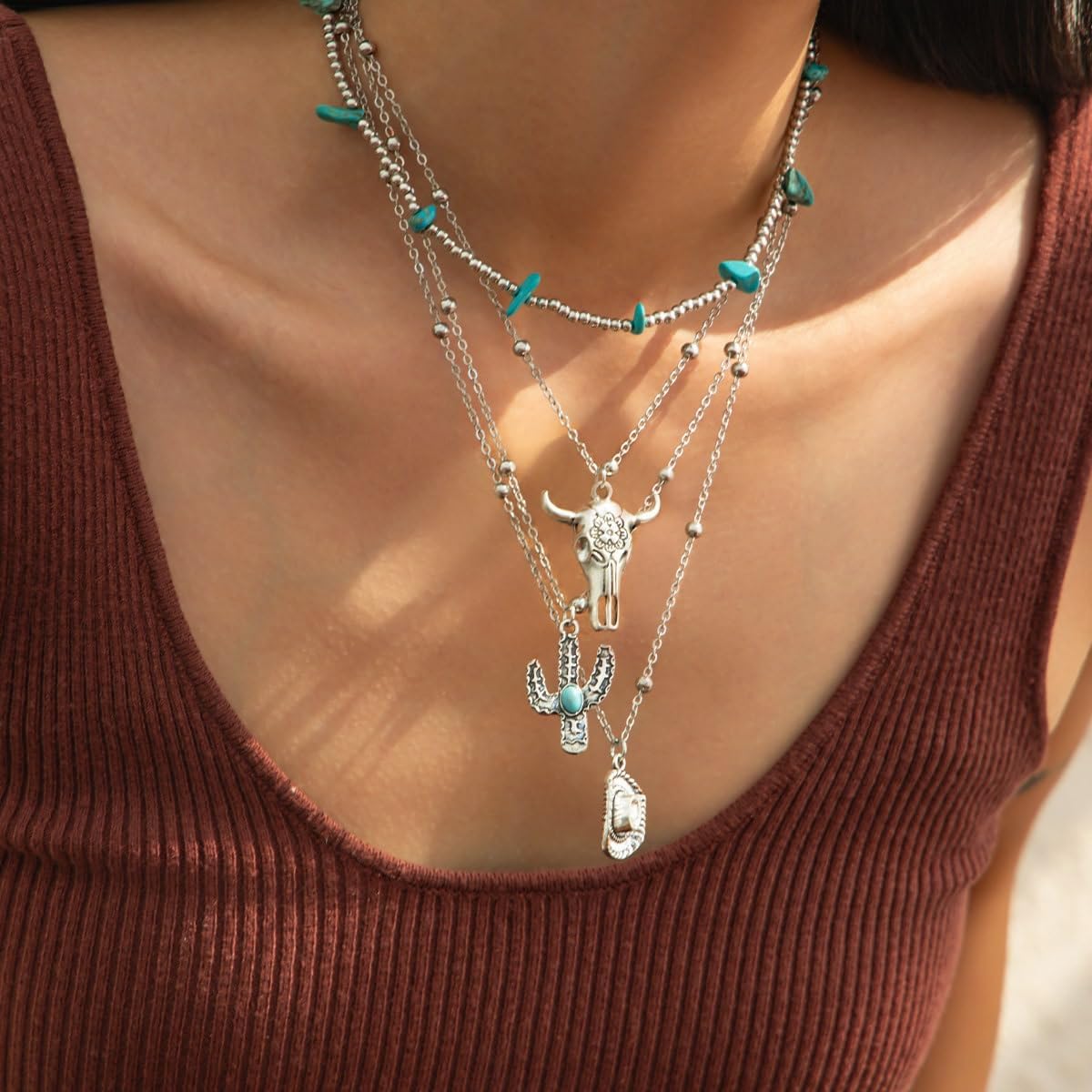 Western Necklaces for Women Country Concert Outfits Boho Turquoise Necklace Cowgirl Cowboy Layered Necklace Bohemian Vintage Country Accessorie - Image 2
