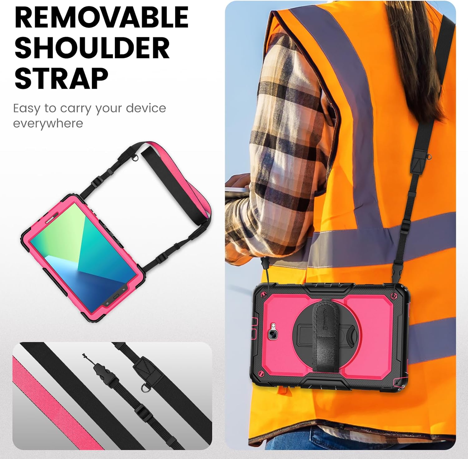 Timecity Case for Galaxy Tab A 10.1 2016 Release (SM-T580 T585 T587), Heavy Duty Protection Case with Screen Protector, Swivel Stand, Hand Strap and Shoulder Strap Stylus Holder - Rose