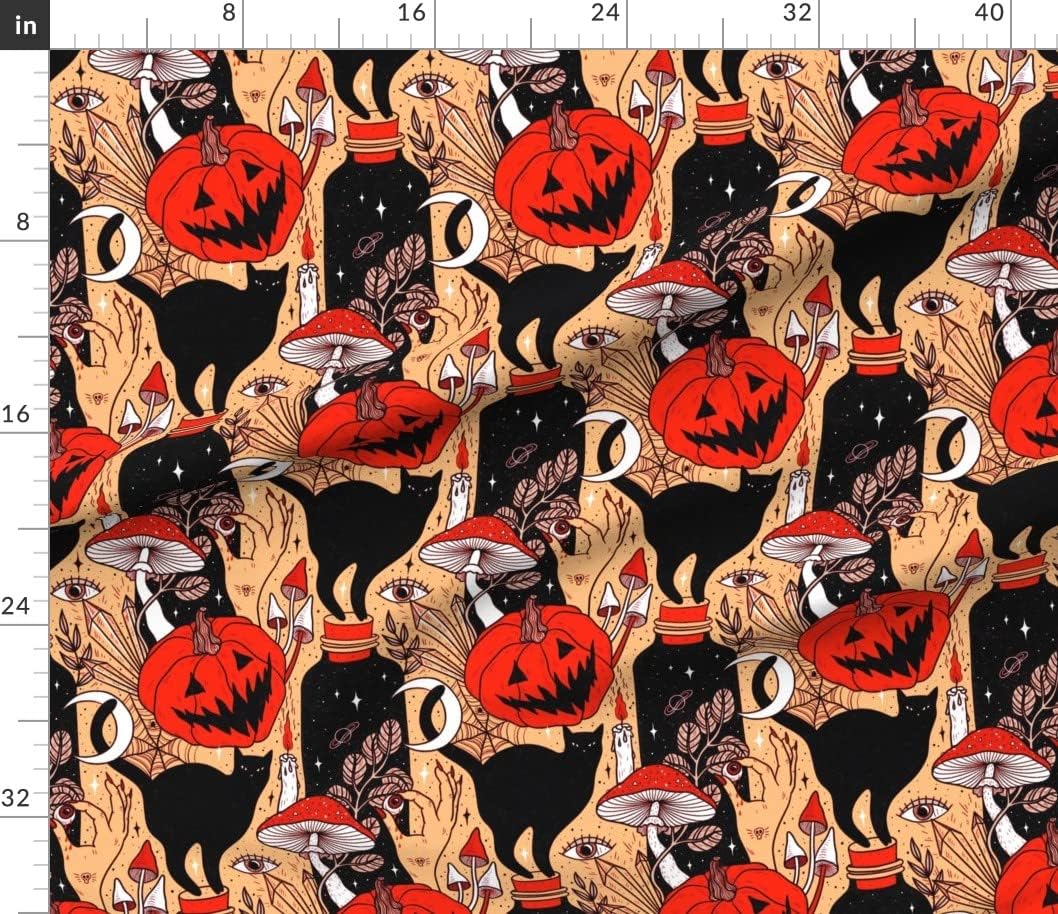 Spoonflower Fabric - Pumpkin Black Cat Mushrooms Third Eye Spooky Halloween Horror Orange Printed on Petal Signature Cotton Fabric Fat Quarter - Sewing Quilting Apparel Crafts Decor