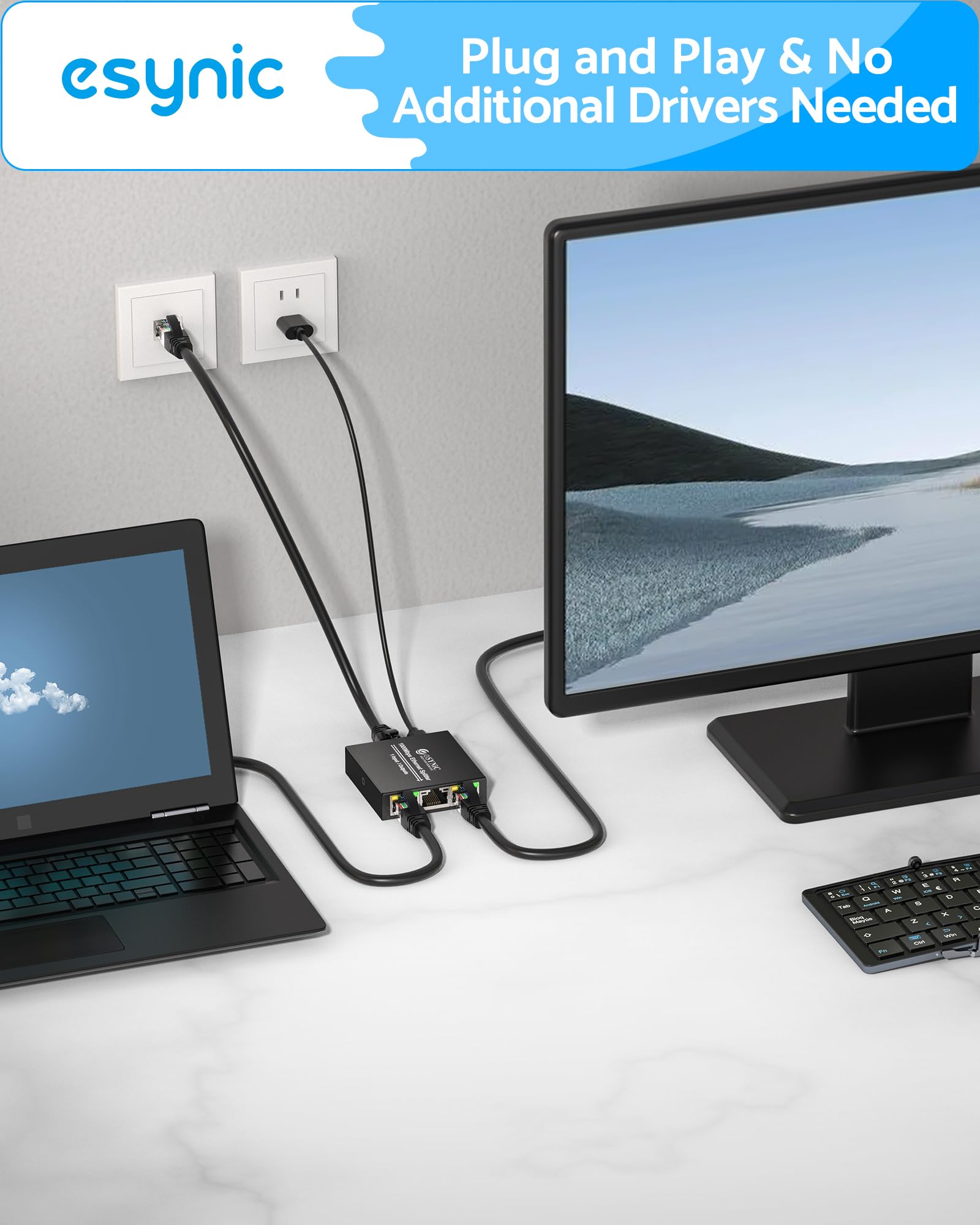eSynic Szybki rozdzielacz Ethermet 1 do 3 przenośny rozdzielacz sieciowy USB C Rj45 z 1 kablem Ethernet metalowy rozdzielacz kabli internetowych obsługuje Cat8, 7, 6, 5 i 5e do ADSL, koncentratorów