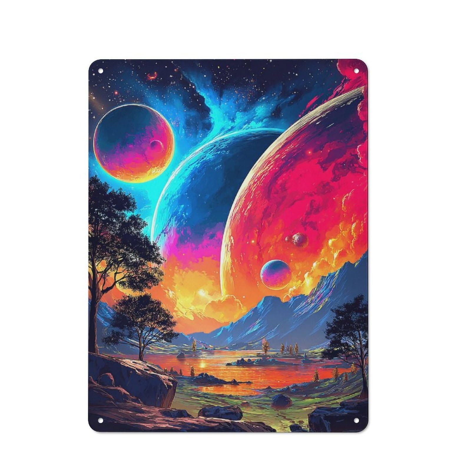 Fantasy Cosmic Landscape with Planets Vintage Tin Sign 40x30cm, Rustic Bistro Wall Plaque for Kitchen, Cafe, Pantry Or Dining Room