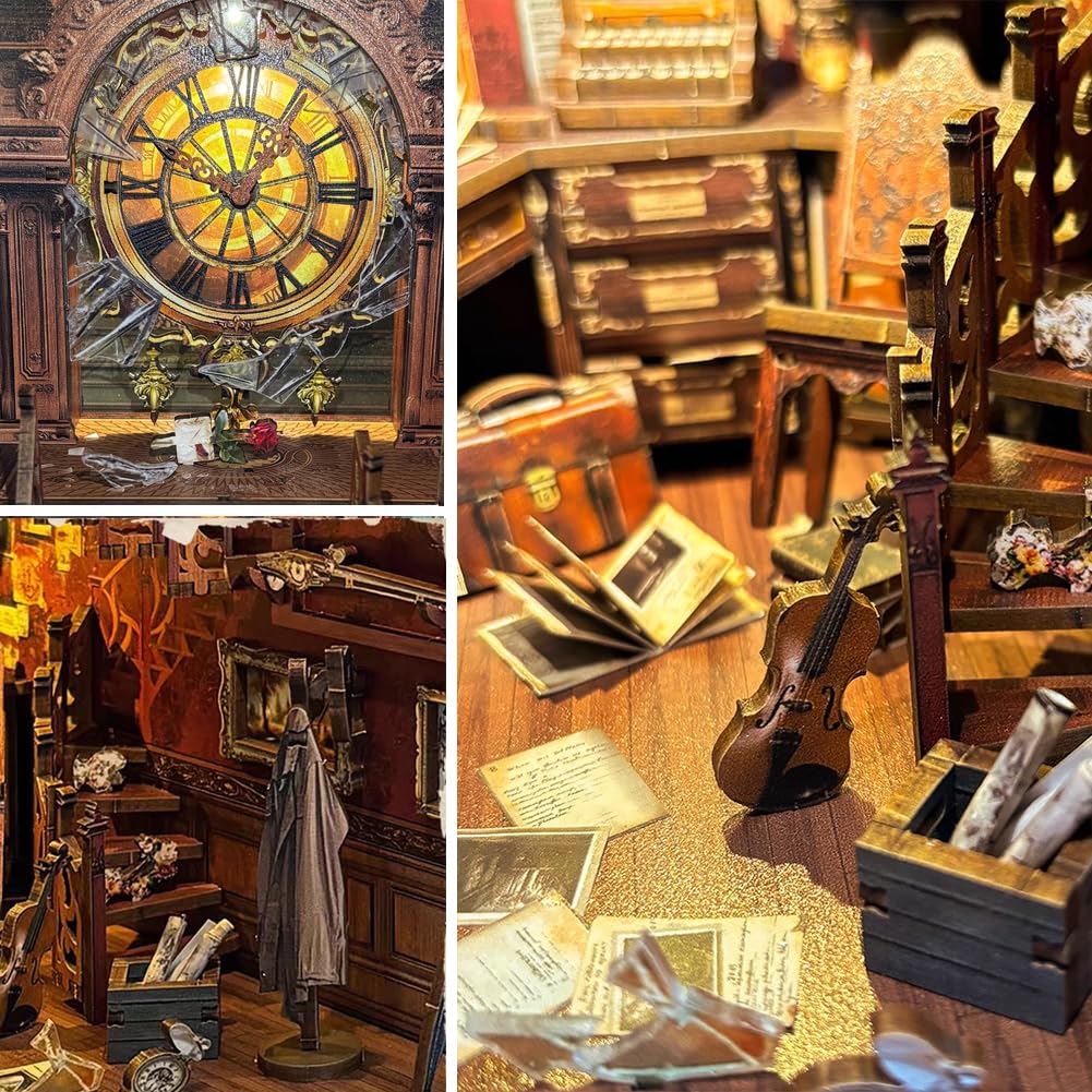 Kit di puzzle 3D in legno per angolo libro, kit fai da te in miniatura con LED per libreria, decorazione fai da te per casa delle bambole fermalibri, casa delle bambole, regalo di Natale