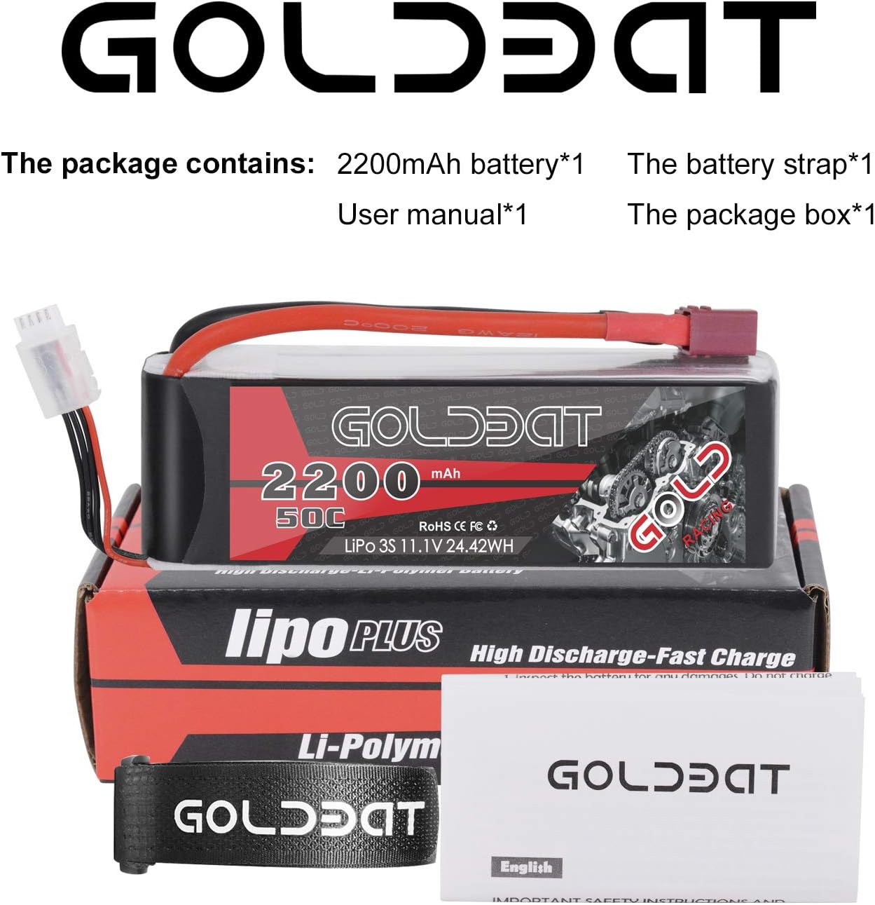GOLDBAT 11.1V 5000mAh 3S Lipo Battery – Hard Case Pack With T Connector For RC Cars & Trucks