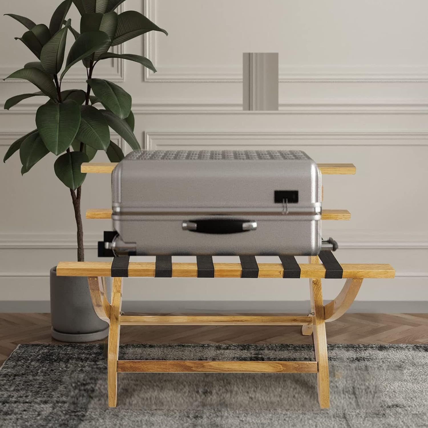 Folding Suitcase Luggage Rack, Wooden Luggage Rack Curved Legs with Nylon Straps Luggage Rack, for Bedroom Hotel Guest Room, 60 * 47 * 68Cm,1Pcs