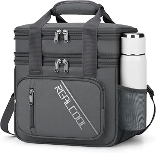 RealCool Lunch Bag, Insulated Lunch Box for Men Women, Double Deck Leakproof Soft Cooler Bag with Adjustable Strap, Reusable Lunchbox for Work, Travel, Camping (Grey)