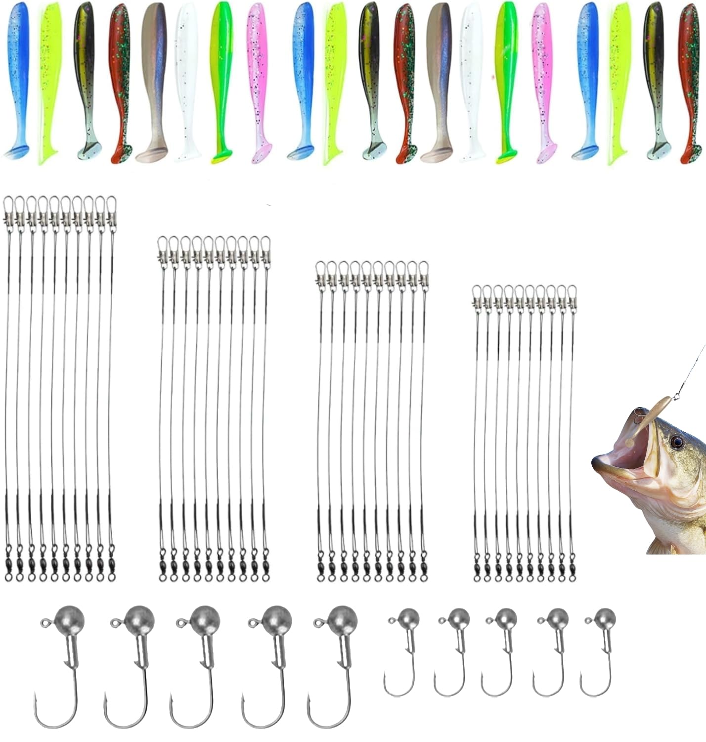70 accesorios de pesca, 10 conjuntos de atractivos de goma, 40 piezas de fondo de línea de acero, 20 cabezales de plomada de material de pesca, señuelos flexibles de pesca para peces de agua dulce y