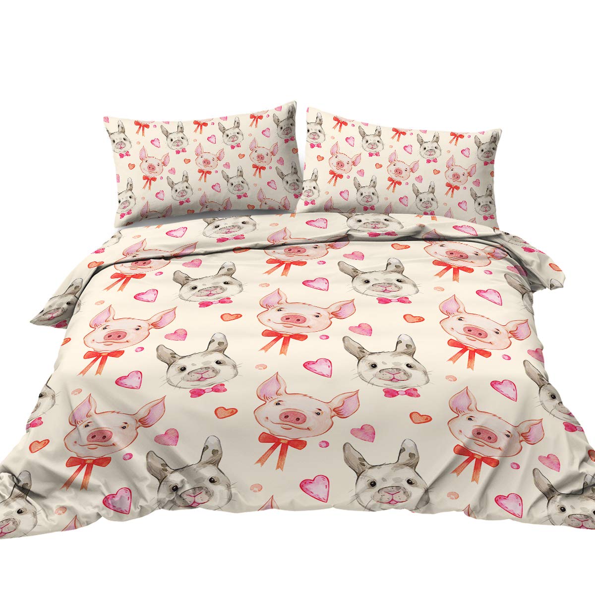 BlessLiving 3D Animal Rabbit Printed Bedding Sets Soft Bedclothes Watercolor Pig Duvet Cover 3 Piece Vintage Cartoon Farm Animals Print Comforter Cover for Full Size Bed