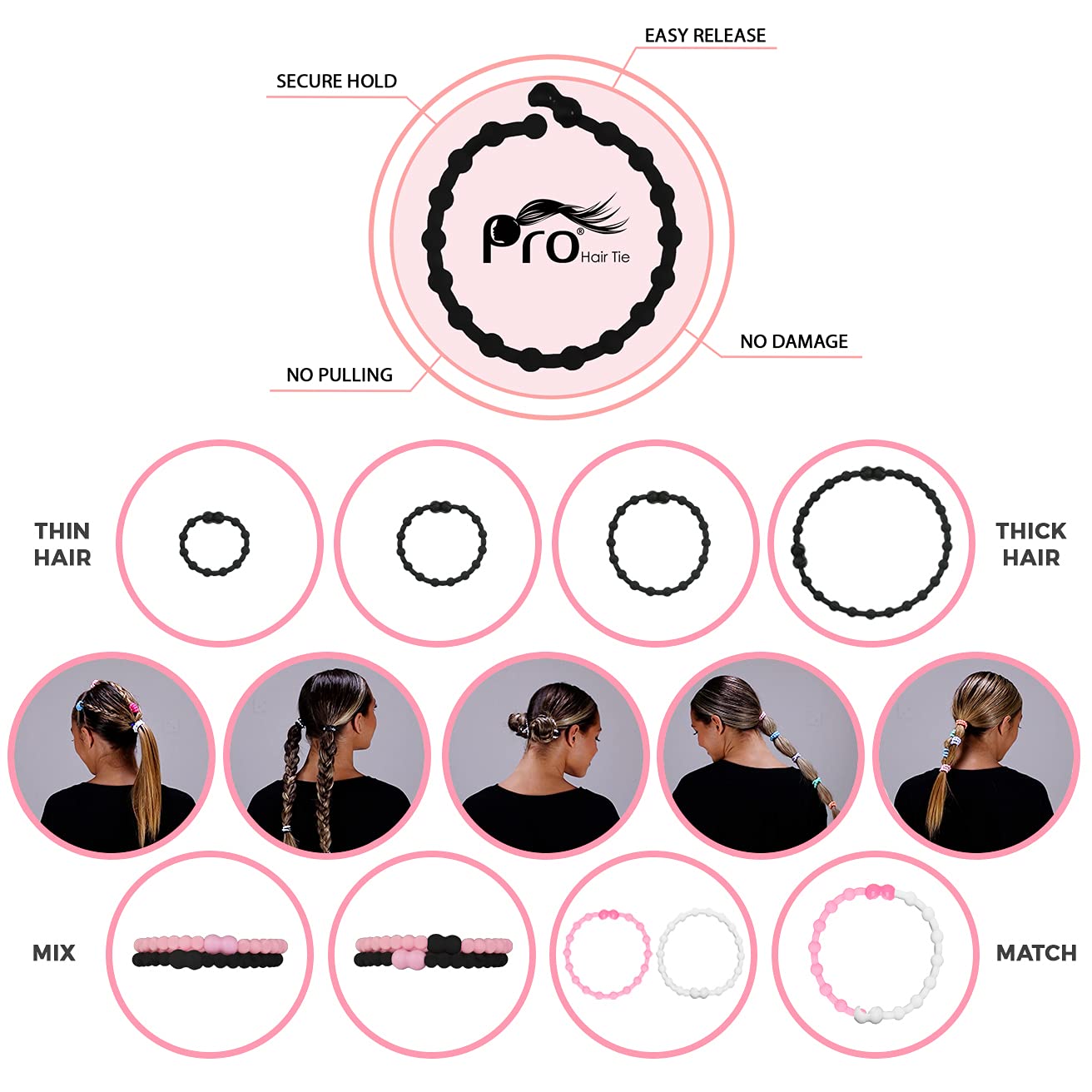 PRO Hair Tie - Easy-Release Clasp - Secure Hold - No Damage - Great for ANY Active Lifestyle (Black Pack of 24)