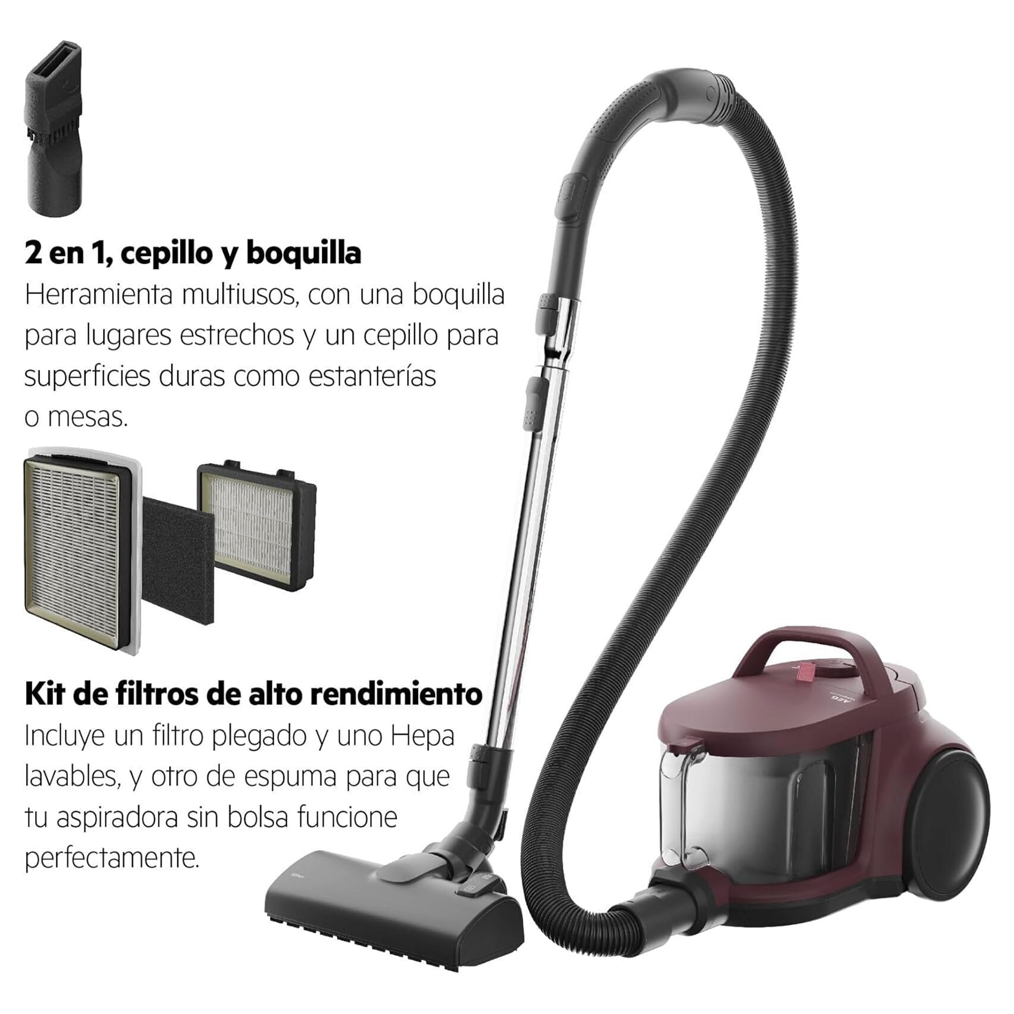 AEG Aspiradora de Trineo Sin Bolsa AL51C1DRF, 1000W, Filtro Hygiene Lavable, 78dB, Depósito de 2L, Radio de Acción de 9m, Adecuado para Suelos Duros y Alfombras, Rojo