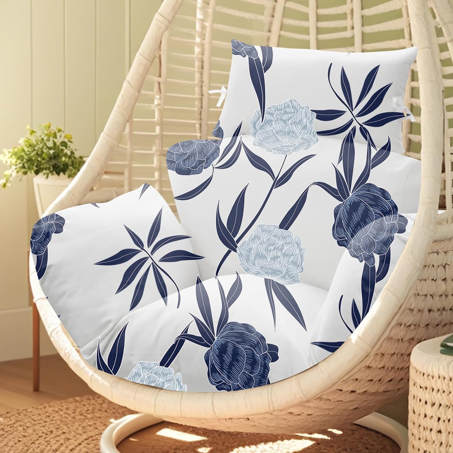 joomie Waterproof Egg Chair Cushion Replacement 119x79x13 cm Thicken Hanging Egg Swing Chair Cushion Indoor Outdoor Wicker Rattan Hammock Basket Cushion with Headrest Pillow, Blue Enchantress 26