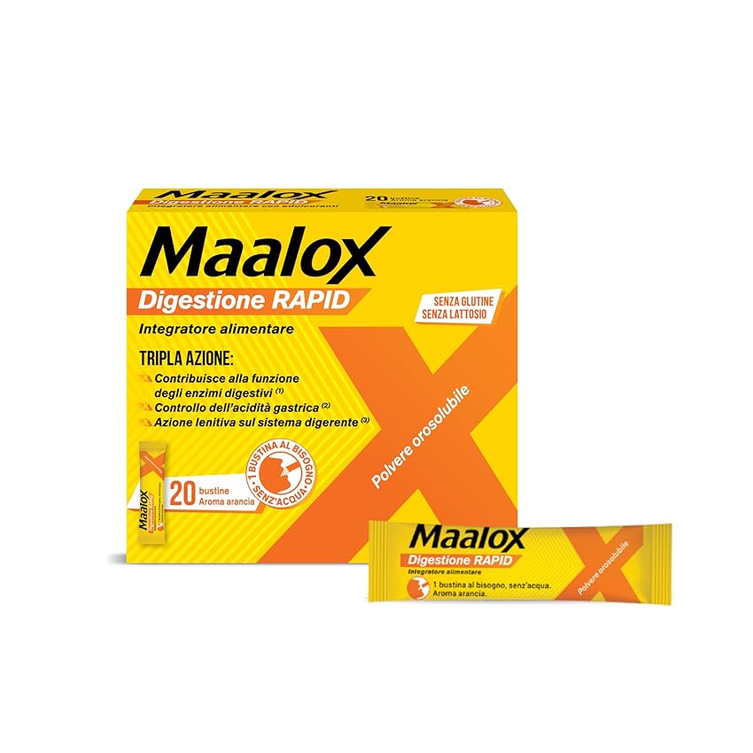 Maalox Digestione RAPID, Integratori, Cattiva Digestione, Acidità di Stomaco – Per Adulti e Bambini 6+, Gravidanza, Senza Glutine e Lattosio (20 Bustine)