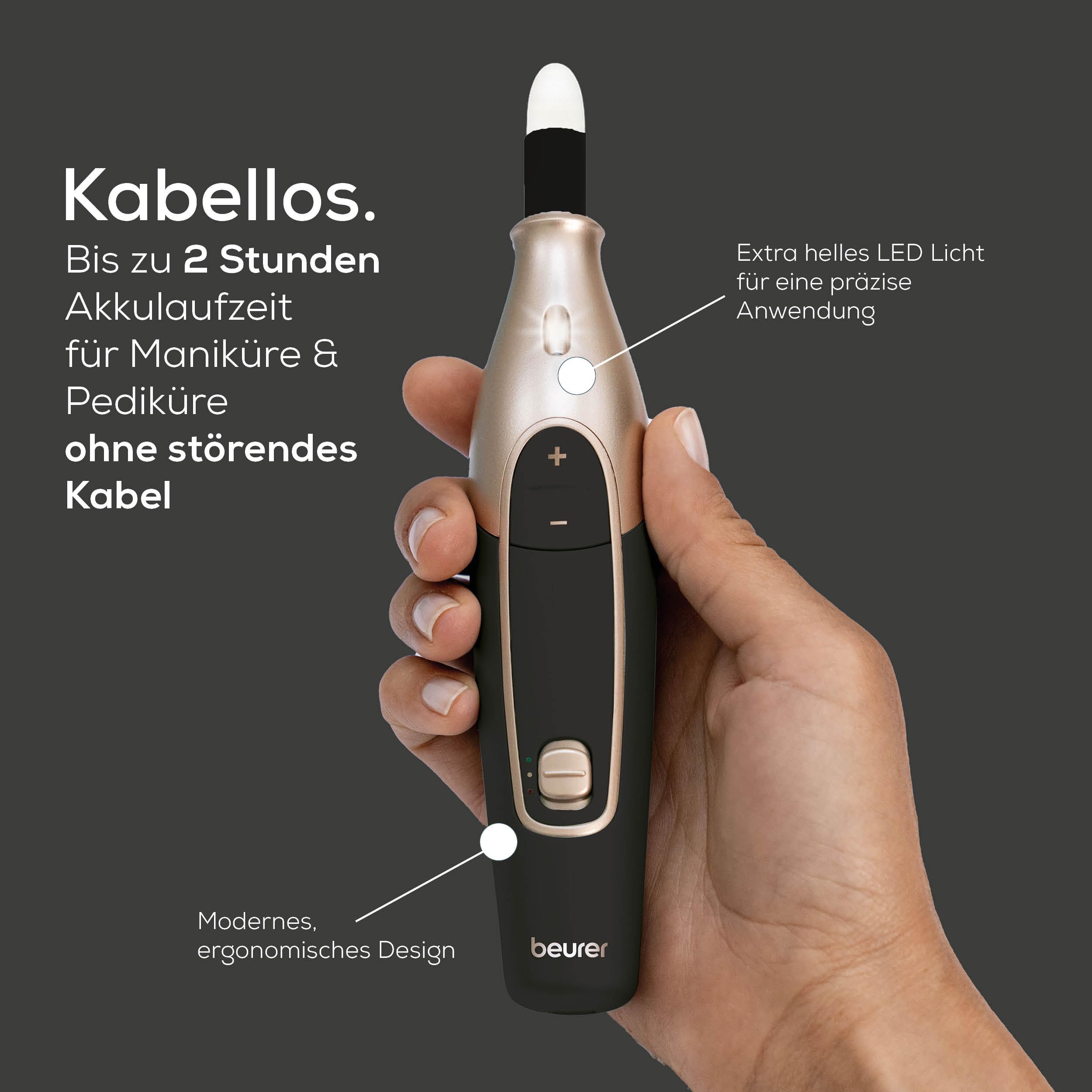 Beurer MP 84 Special Edition Maniküre-/Pediküreset, elektrische Nagelfeile mit Akku, 10 Aufsätze, LED-Licht, inkl. Aufbewahrungsetui, bis zu 4400 U/min, Nagelfräser zur Hand- und Fußpflege, schwarz - 3