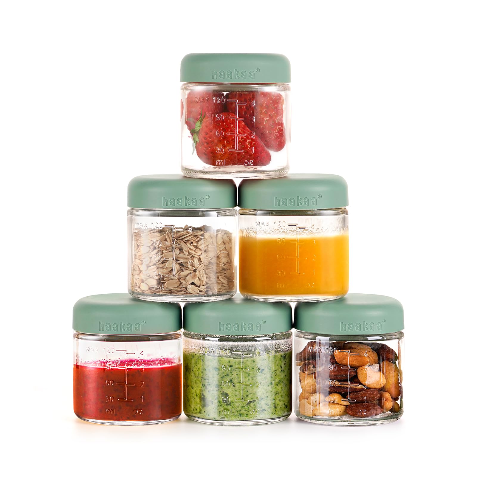 Haakaa Glass Baby Food Jar with Silicone Lid – 6pc 6 x 4oz,Premium Lab-Quality Borosilicate Glass, Plastic-Free, Freezer, Microwave & Ovensafe.