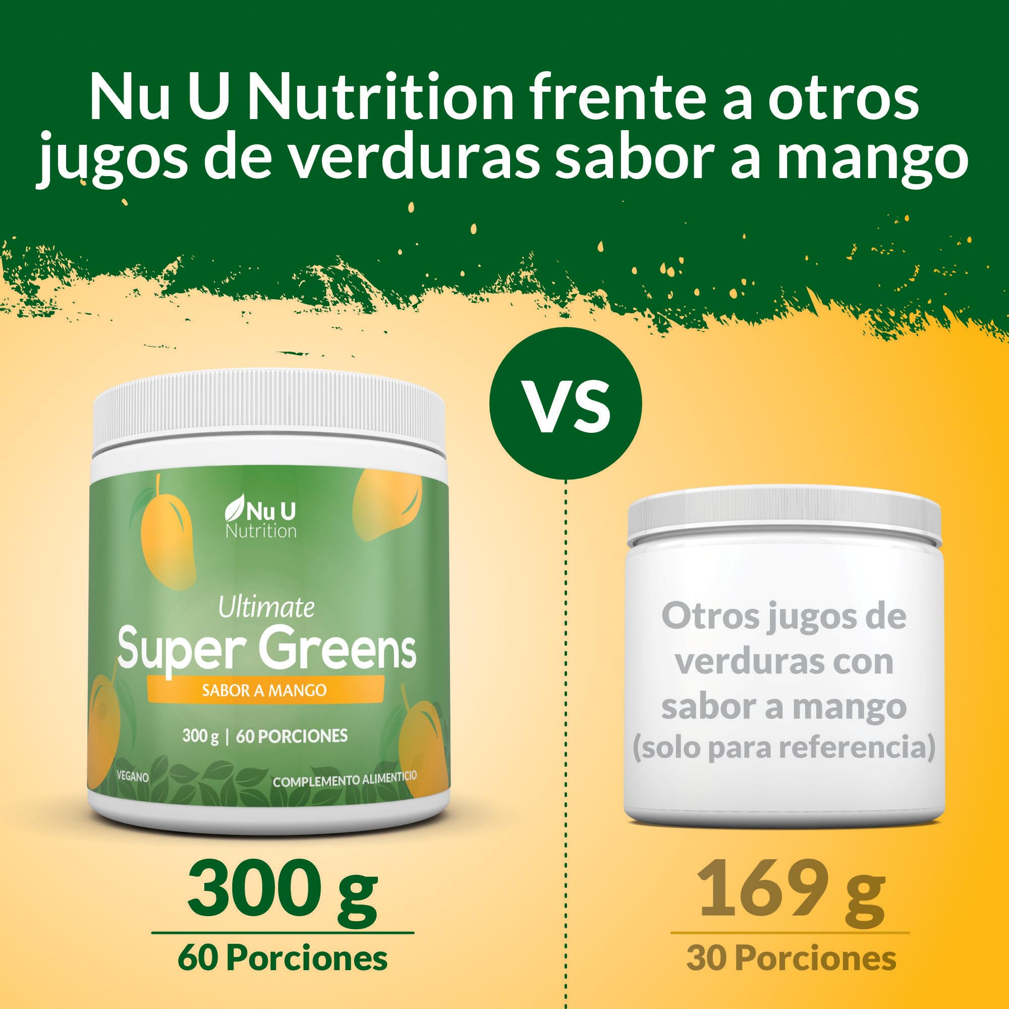 Super Greens | Mango | Polvo de Jugo Verde 300 g - 17 Ingredientes Superalimentarios Activos - 60 Porciones - con Inulina, Espirulina, Clorela, Raíz de Maca y Más - 100% Vegano - Nu U Nutrition