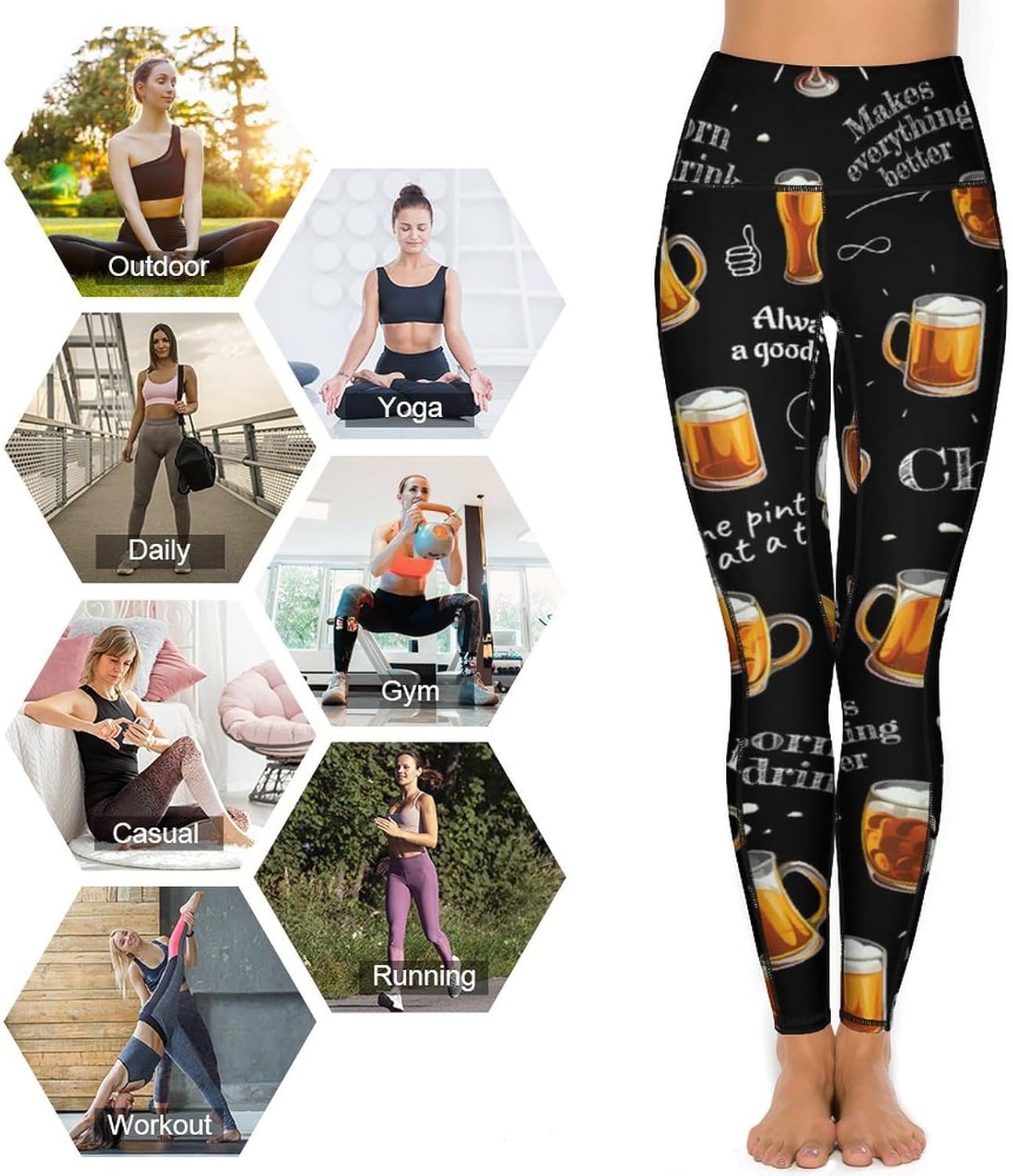 Beer Glasses Cups Casual Yoga Pants with Pockets High Waist Lounge Workout Leggings for Women