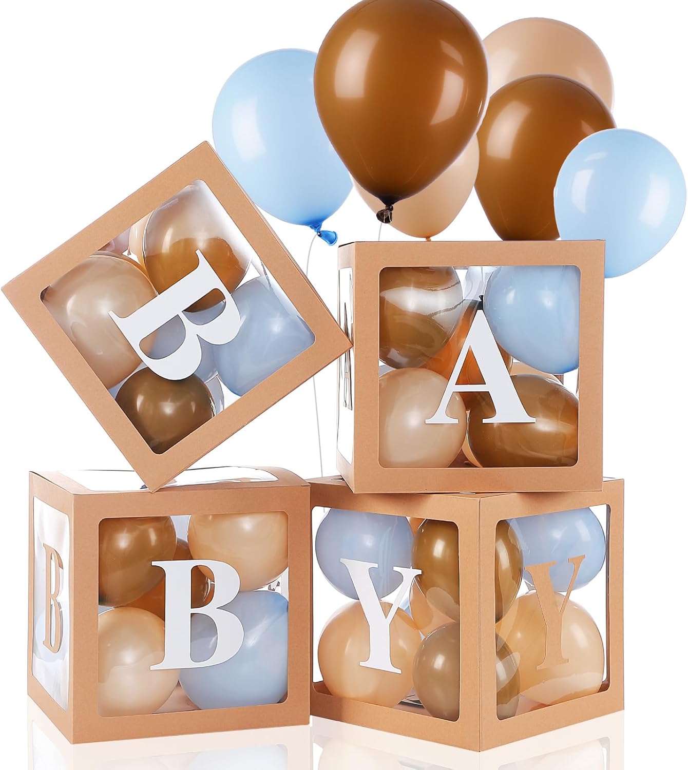 Zhanmai Baby Boxes for Bear Baby Shower Decoration with 4 Letters 36 Balloons 4pcs Transparent Clear Balloon Box Blocks for Boy Girl Balloon Boxes Gender Reveal Party Favors (Brown, Apricot, Blue)