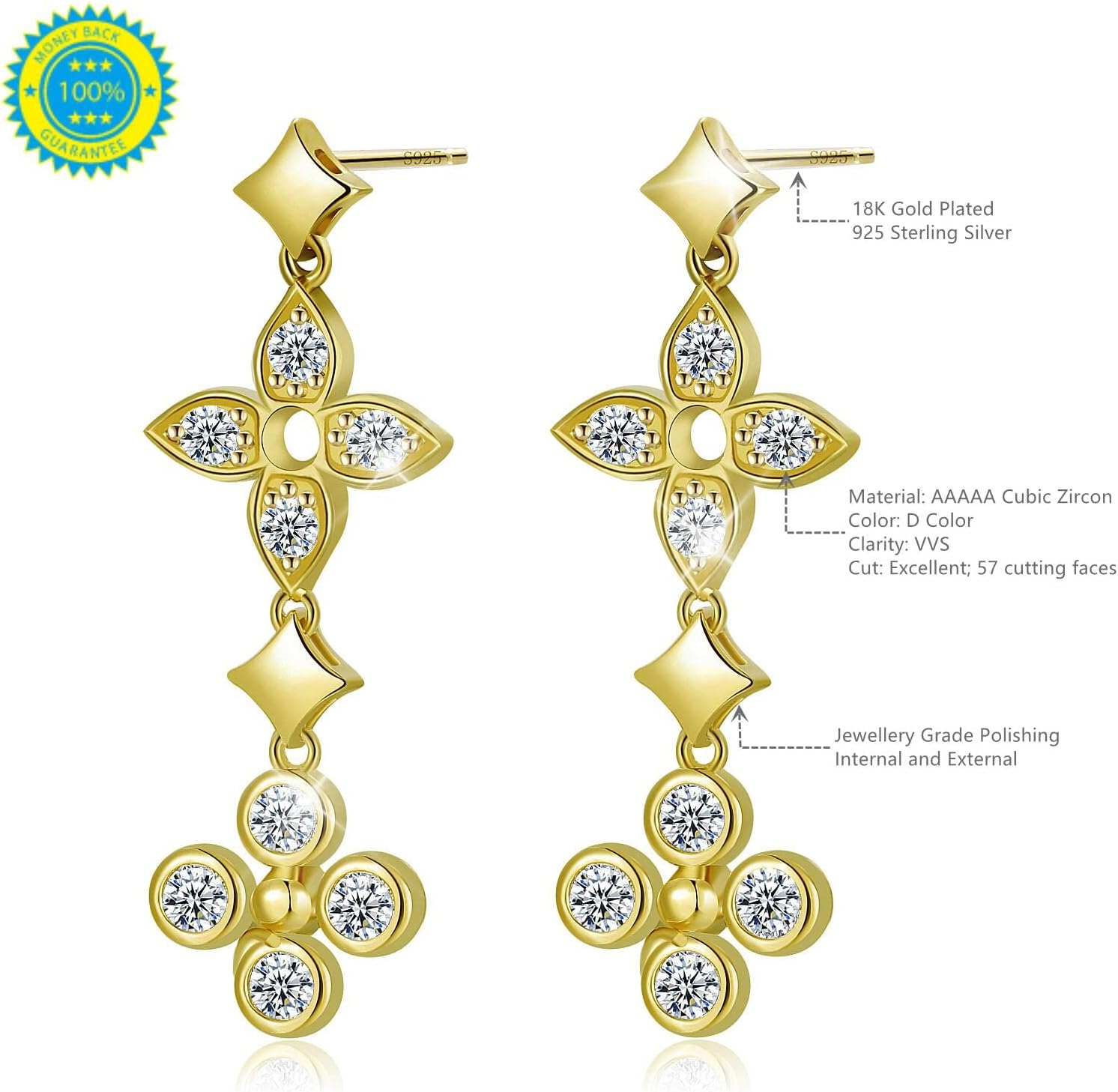 Womens Gold Drop Dangle Earrings, 18K Gold Plated 925 Sterling Silver posts Premium Trendy Cubic Zirconia Dangle Earring, Floral Drop Earring, Hypoallergenic Jewelry, Gifts for Womens - Image 2