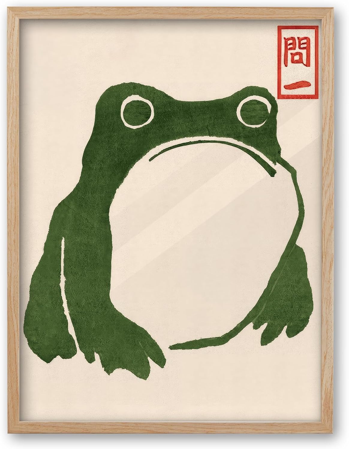 iHery Natural OAK Wood Japanese Frog Framed Wall Art, Large 16x20in Bedroom Wall Decor Vintage Frog Woodblock Zenga Toad Painting, Beige Funny Canvas Wall Decor Living Room Bathroom Set of 1