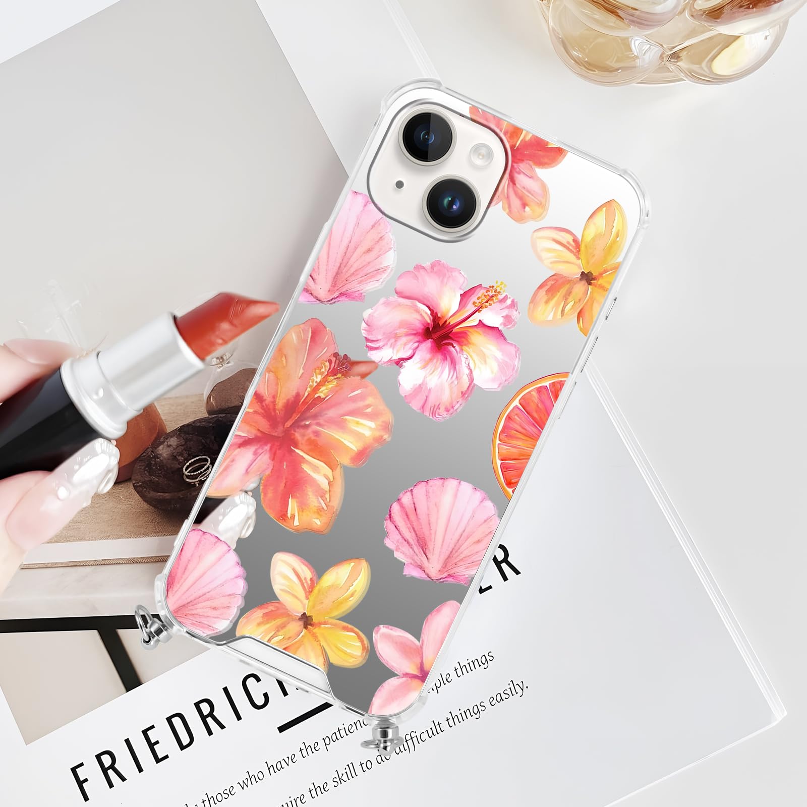 IPhone 14/13 Hülle Mit Band & Spiegel - ästhetisches Blumen-Design, Umhängbar, 6,1 Zoll