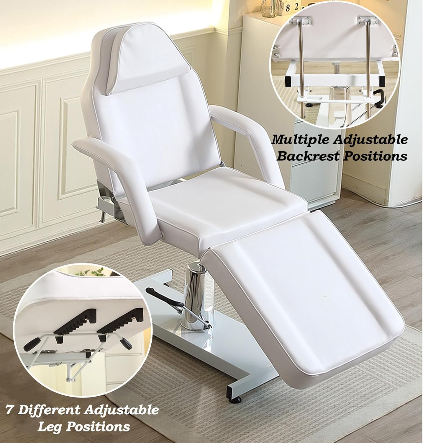 Hydraulische Kosmetikliege mit Hocker – 360° drehbare, verstellbare Massageliege mit abnehmbaren Armlehnen & Kopfstütze – Kosmetikstuhl Set für Spa, Tattoo, Gesichtspflege (Weiß)