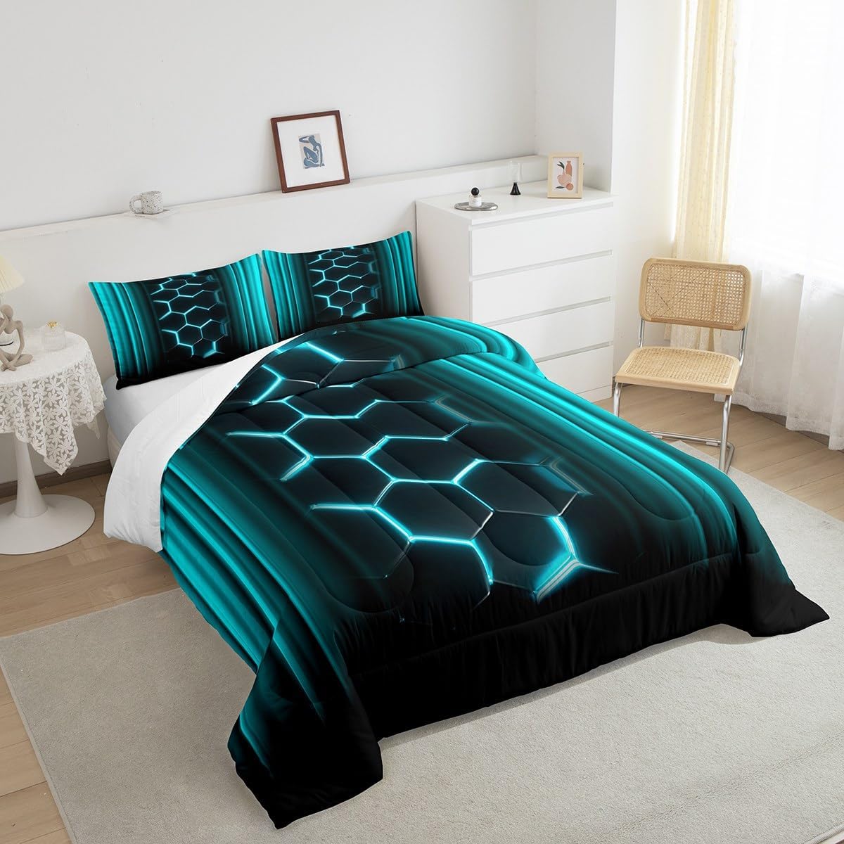 Feelyou Abstract Ombre Comforter Set Queen Size Honeycomb Bedding Set Decor Teal and Black Geometric Comforter Room Decor Modern Fashion Quilt Set 3Pcs with 2 Pillowcases