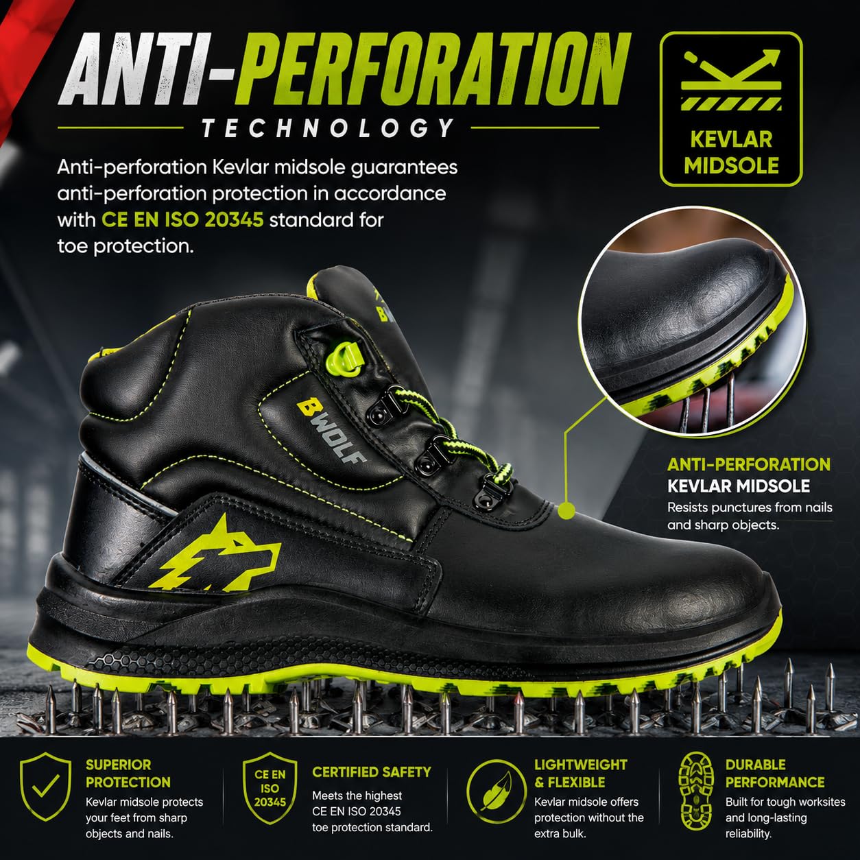 BWOLF SPYKE S3 Zapatos de Seguridad para Hombre Zapatos de Seguridad Mujer Impermeables, Resistentes Al Aceite, Antideslizantes, Tecnología De Agarre 4x4