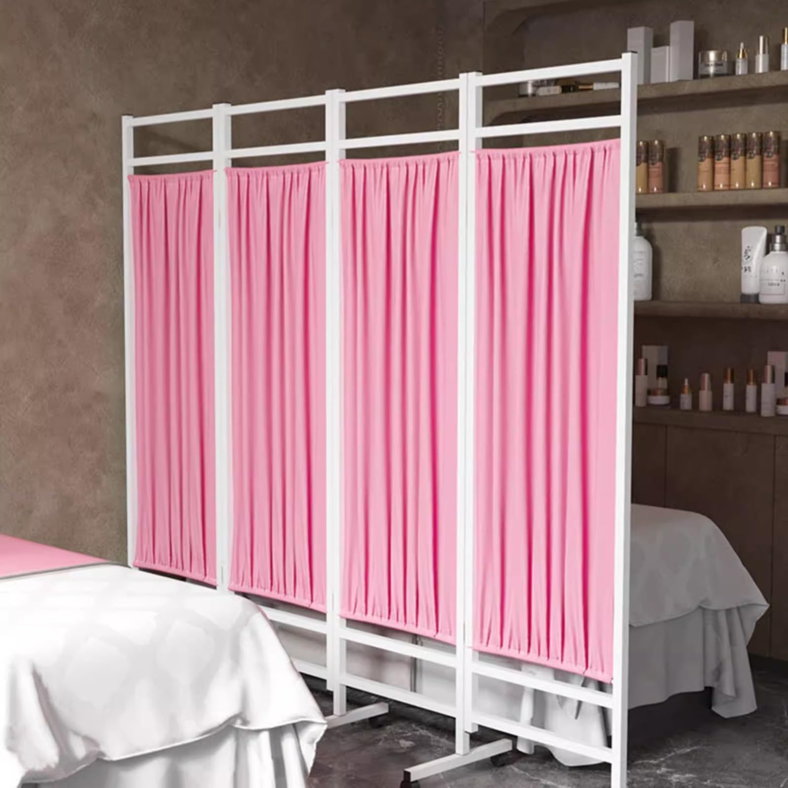 Paravent médical 4 panneaux rose avec roulettes et cloison pliable amovible
