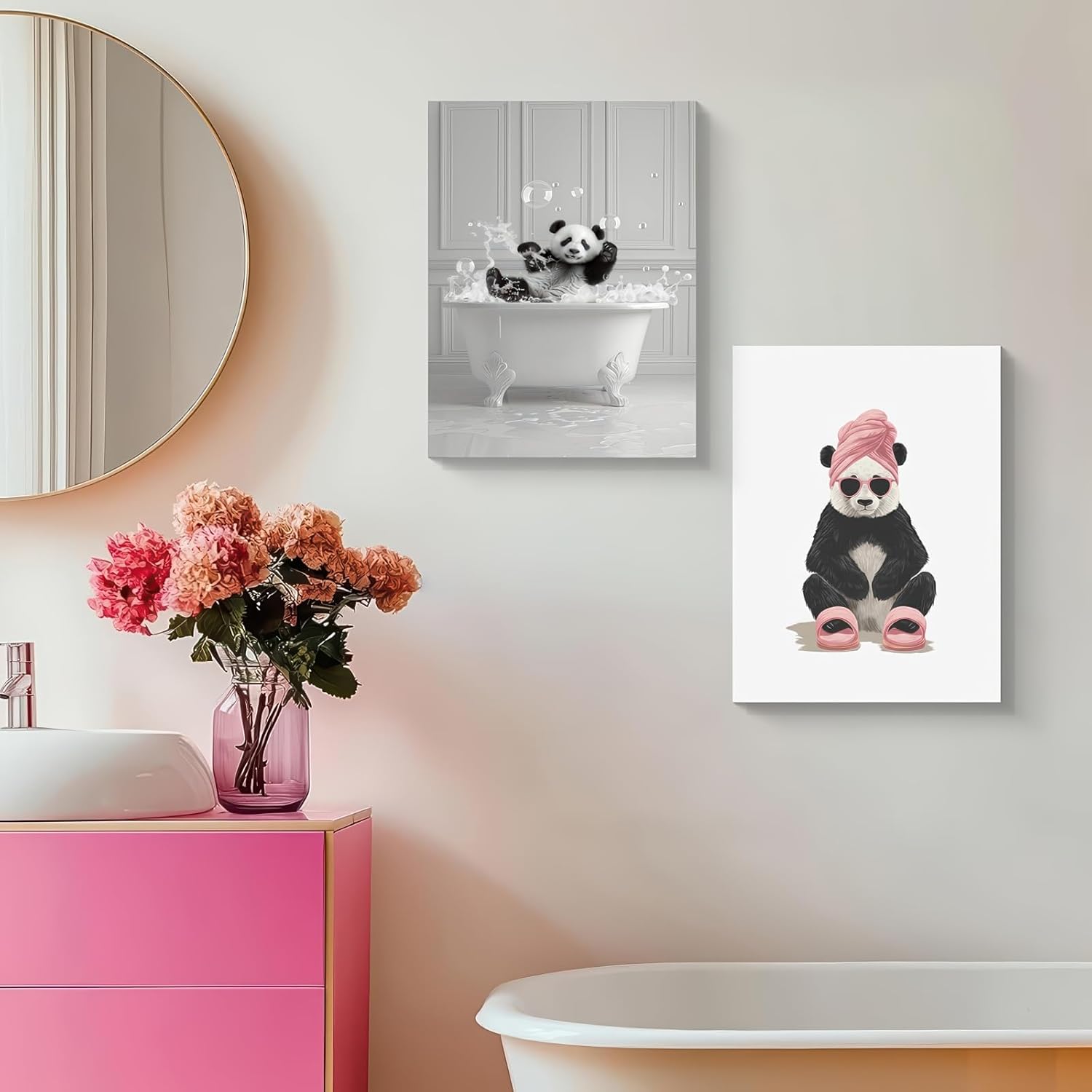 Framed Panda Bathroom Wall Art Set Of 2 Cute Pink Panda Canvas Prints For Bathroom Decor Kids Room Bedroom Laundry Room Spa Wall Decor Ready To Hang 12 X 16 Inches
