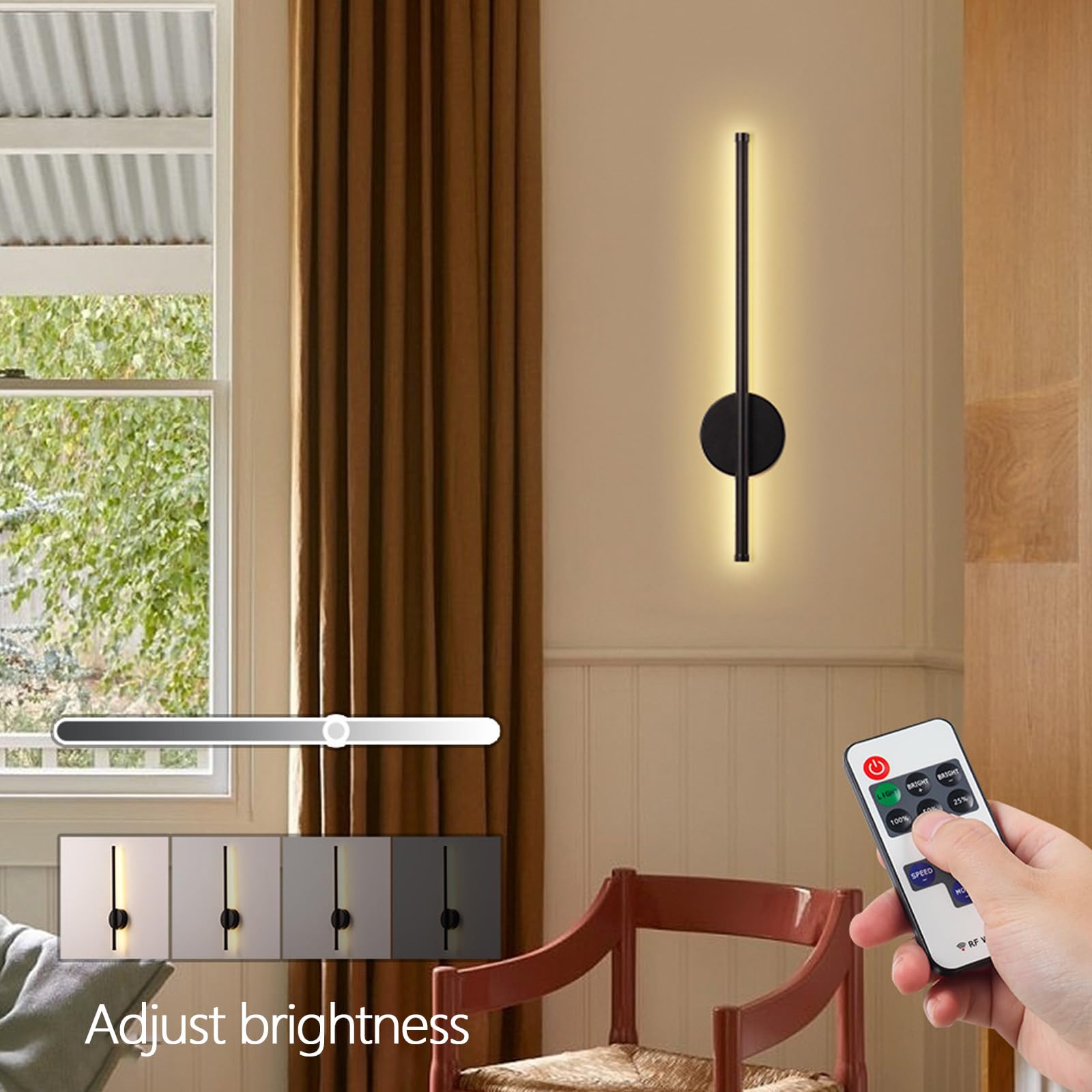 LED Innen Wandleuchte mit Fernbedienung Dimmbar Wandlampe USB Aufladbar Magnetisch Wandbeleuchtung mit Touch Control Schalter Eisen Aluminium für Wohnzimmer Schlafzimmer (80cm,Schwarz)