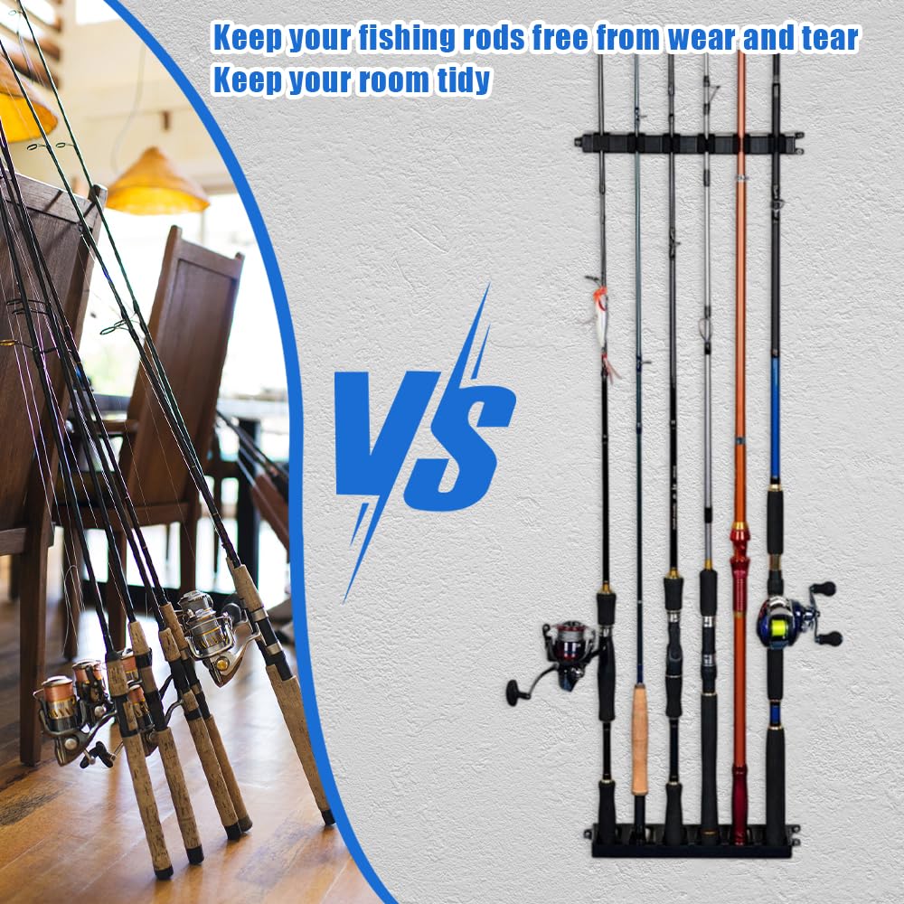 1 par de soportes para caña de pescar vertical y horizontal – Estantería de pared para 6 polos, estante de almacenamiento Rod Rack (negro)