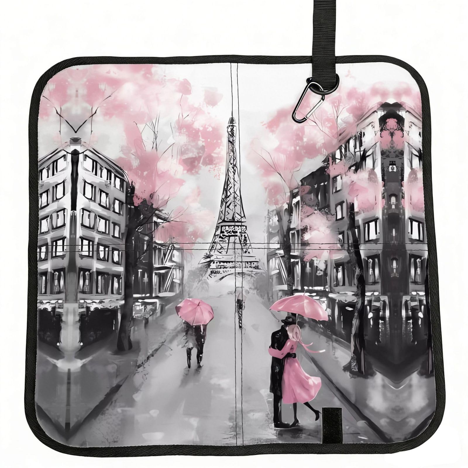 MROWYC Paris Street Eiffel Tower Pink Floral Printed Foldable Seat Cushion - Portable with Carabiner, for Stadium, Camping, Hiking