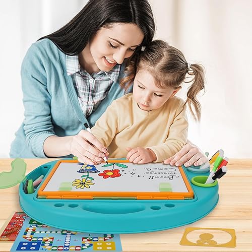 Miniatura 6 de Caballete de arte de mesa para niños, caballetes de dibujo portátiles de doble cara con graffiti y suministros de pintura para niños pequeños y