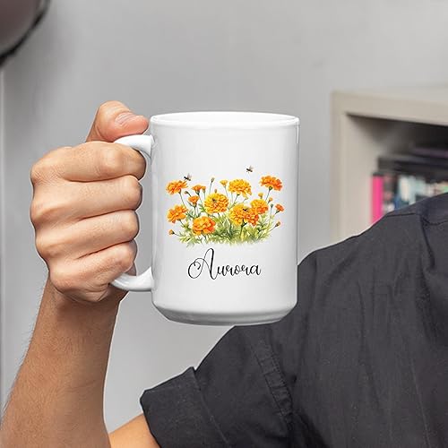 Miniatura 3 de Taza de café de caléndula personalizada, taza de café de caléndula con nombre personalizado, taza de cerámica blanca para amantes de las flores,