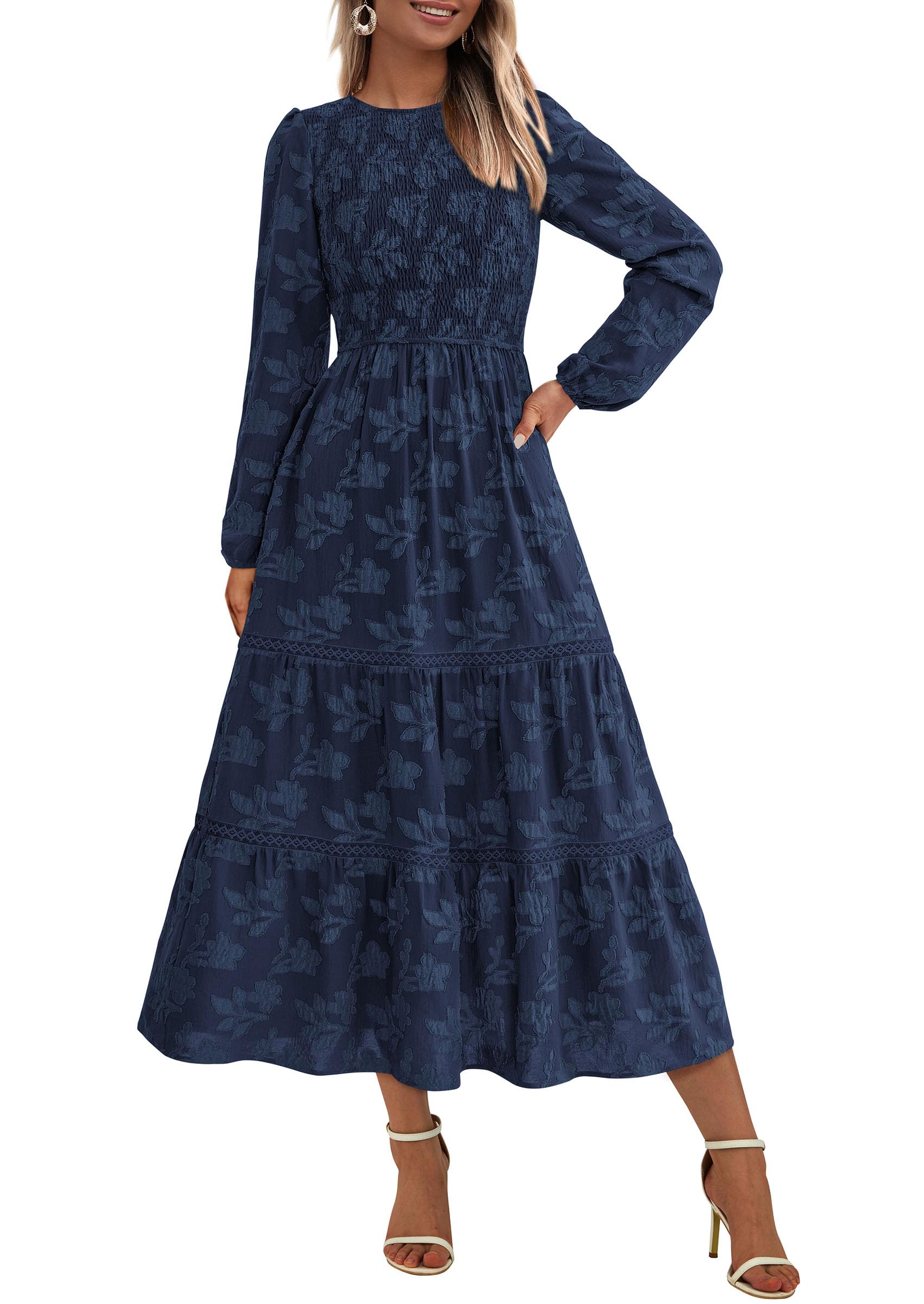 PRETTYGARDEN Long Sleeve Dress for Women 2026 Fall Elegant Modest Floral Boho Smocked Flowy Wedding Guest Midi Dresses