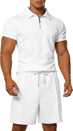 ANOTWENER Mens Summer Casual Outfits Polo Short Set Cruise Rave Outfits 1/4 Zip 3D Textured Loungewear Tracksuit