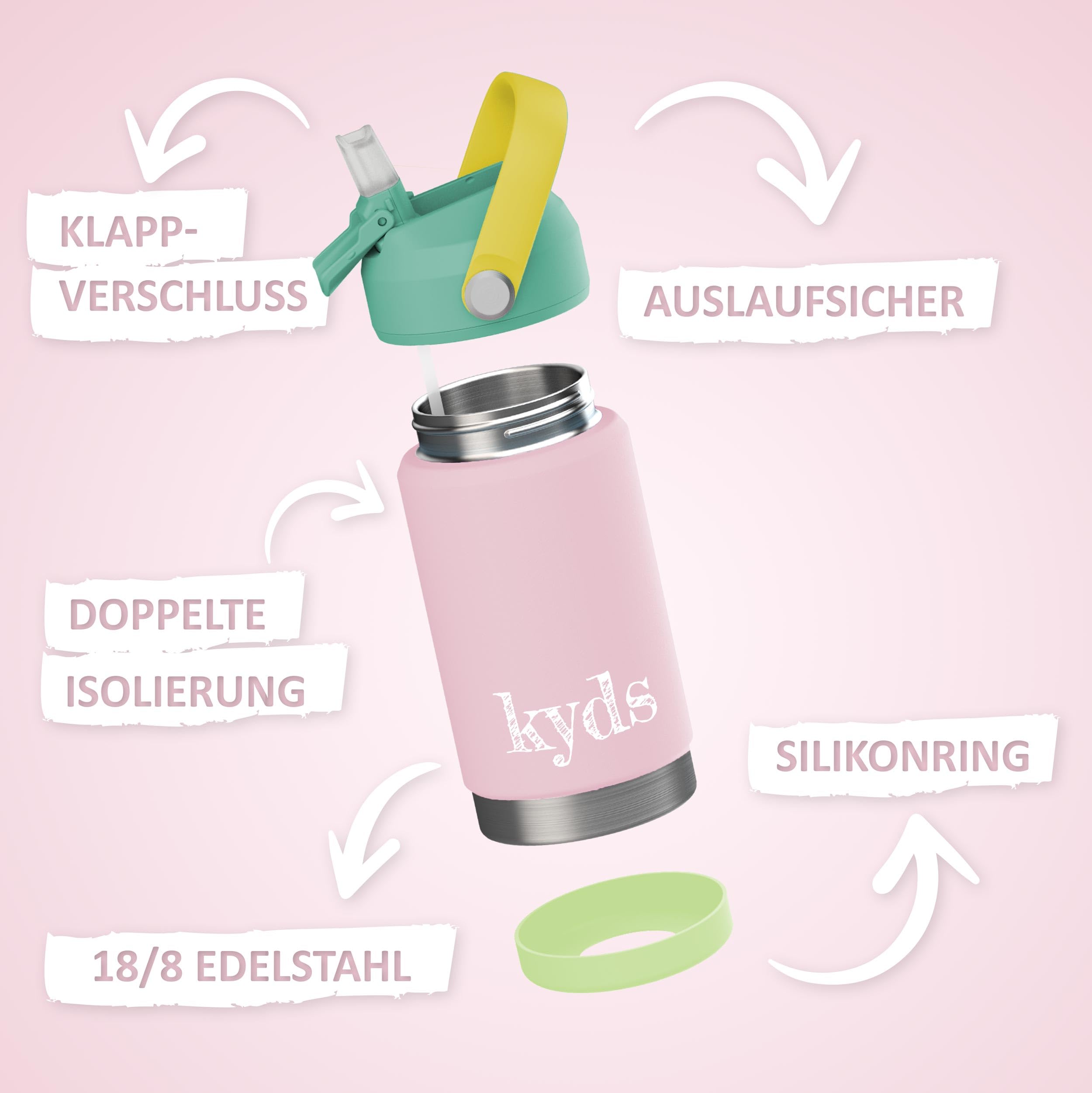 kyds® Trinkflasche Kinder, Thermo Edelstahl Wasserflasche, Auslaufsicher, mit Fruchteinsatz, Kohlensäure geeignet, BPA-frei, spülmaschinenfest, Trinkflasche für Schule Sport (Rosa/Light Green, 500ml) Spielzeug