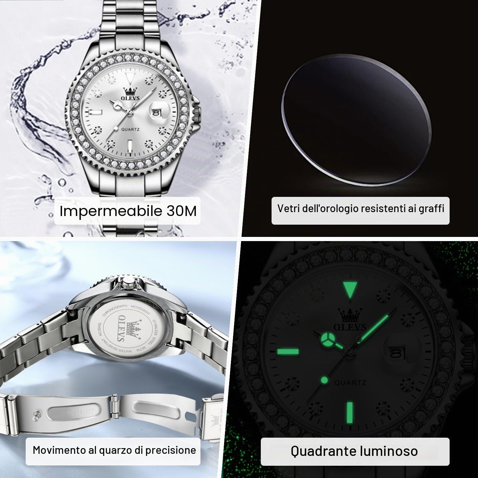 OLEVS Orologio Donna Piccolo Elegante Delicato Diamante Acciaio Inossidabile con Data Luminoso Impermeabile Analogico Quarzo Regalo per Donna